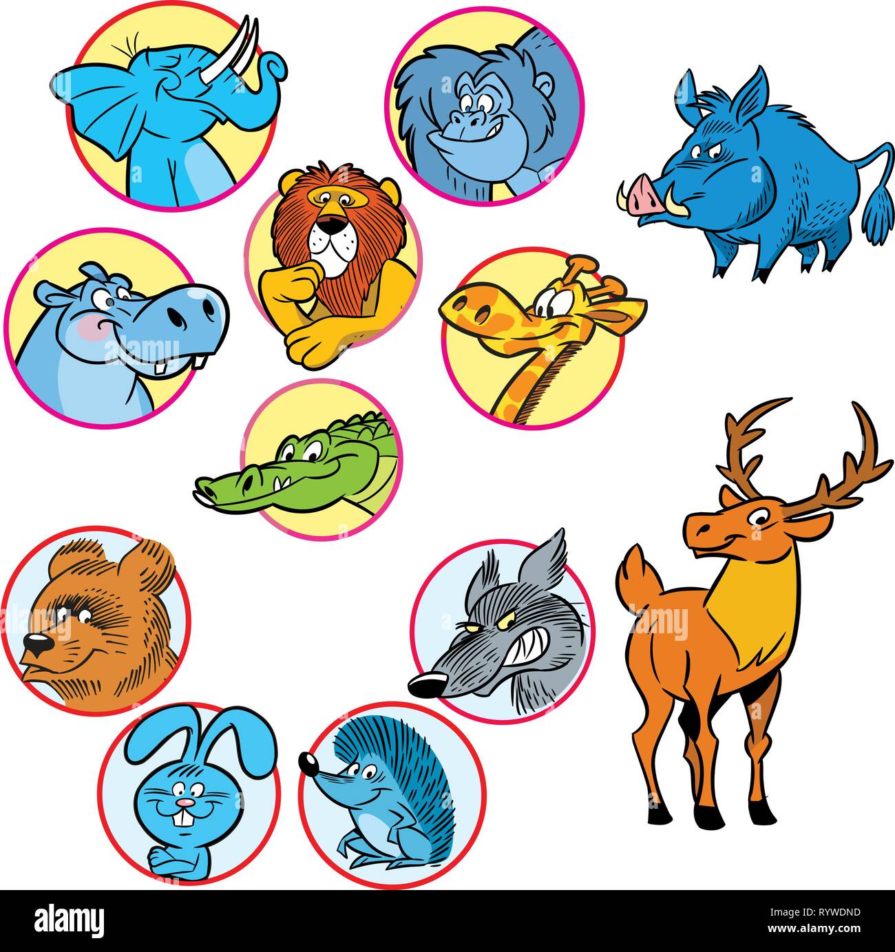 La figure montre plusieurs espèces d'animaux sauvages.caricature l'éléphant, le singe, l'hippopotame, lion, girafe, crocodile, l'ours, le loup, le lièvre, le hérisson, sangliers, cerfs Illustration de Vecteur