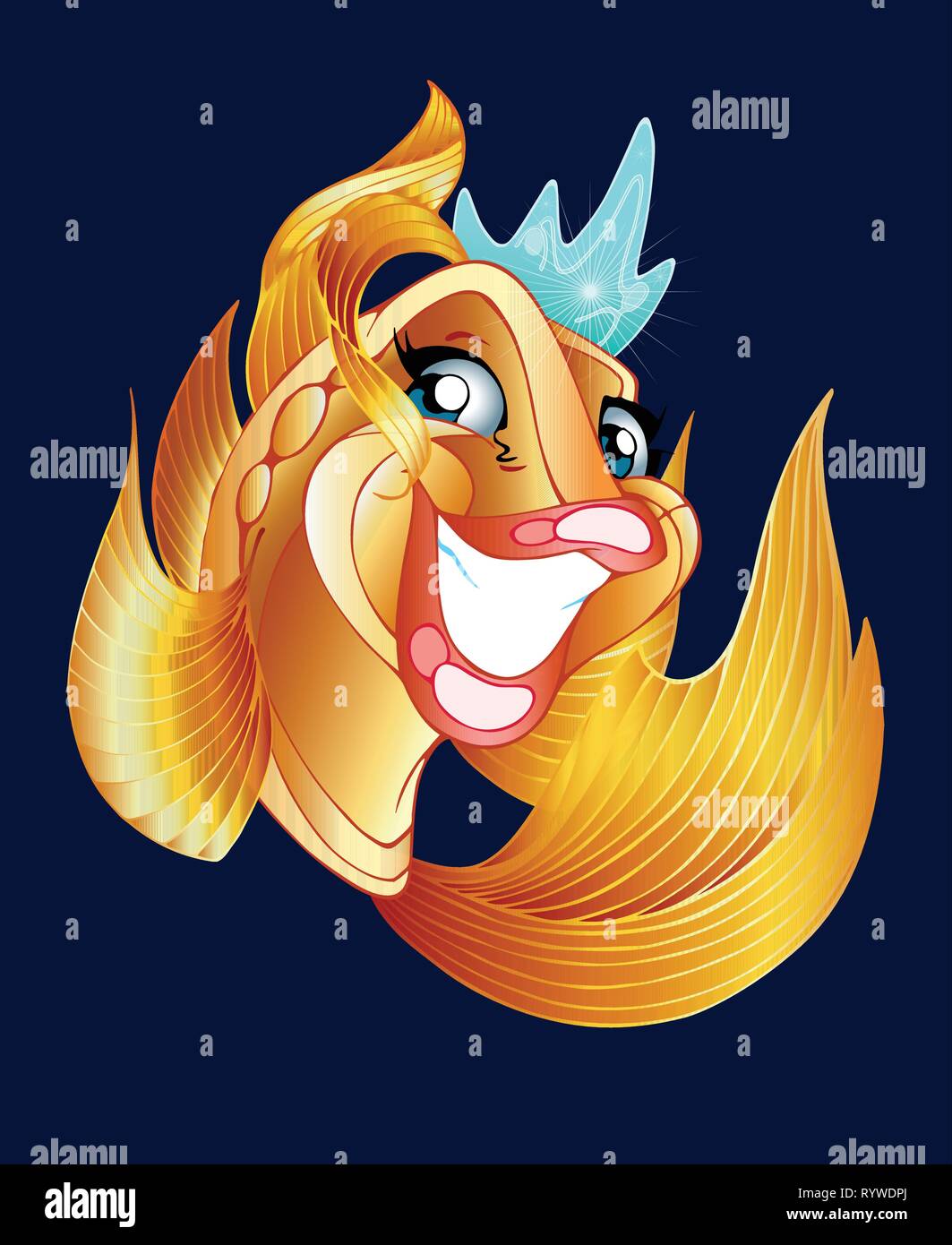 L'illustration montre un fantastique, fun, Golden, heureux poissons rouges dans la couronne. En fait l'illustration cartoon style, sur un fond sombre. Illustration de Vecteur