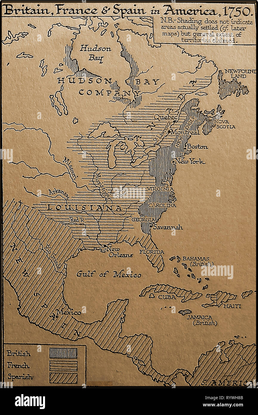 1933 Une carte montrant la,français et espagnol colonies en Amérique en 1750 Banque D'Images