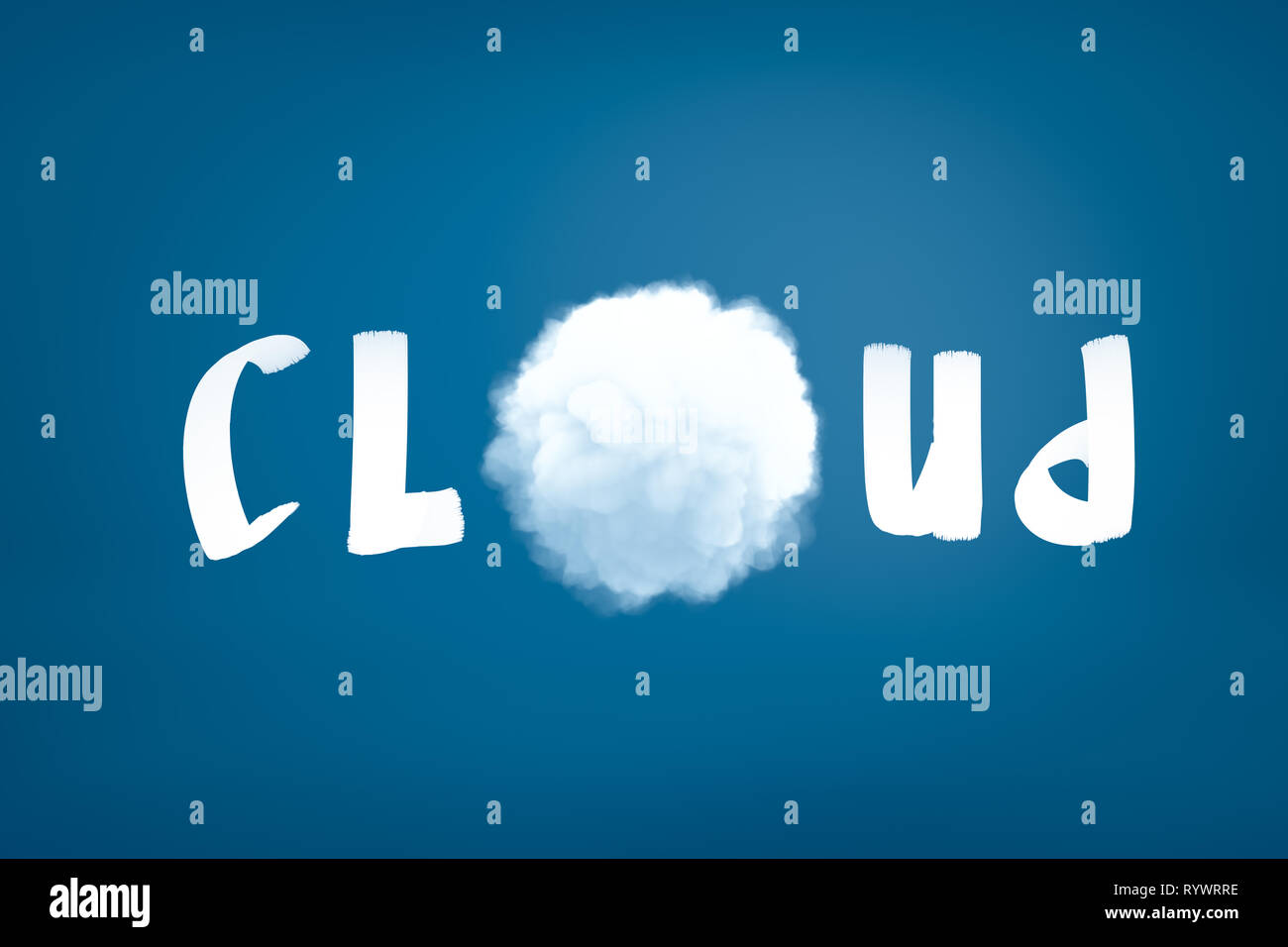 Le rendu 3D de nuage blanc signe avec le cloud au lieu de O lettre sur fond bleu Banque D'Images