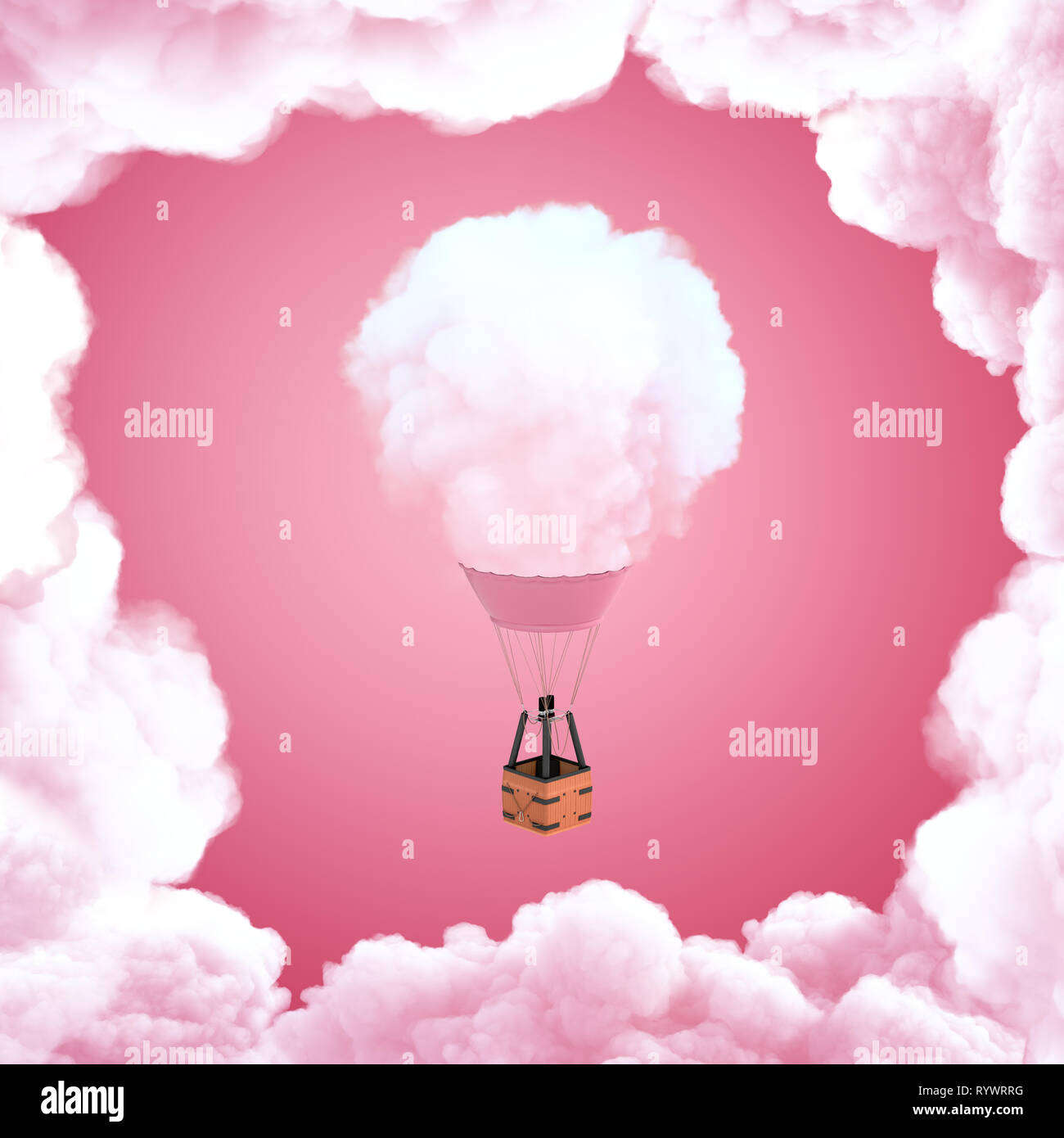 Nuage de rendu 3D hot air balloon avec des nuages blancs sur fond rose Banque D'Images