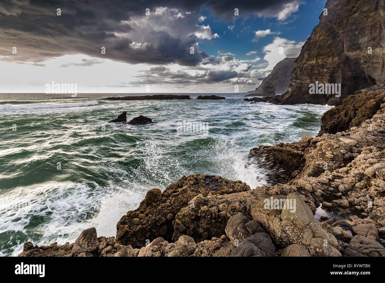 Rugueux, avec une mer de brouillard de pulvérisation et de blanc, les vagues se briser contre les rochers à Kere Kere, Northland, Nouvelle-Zélande Banque D'Images
