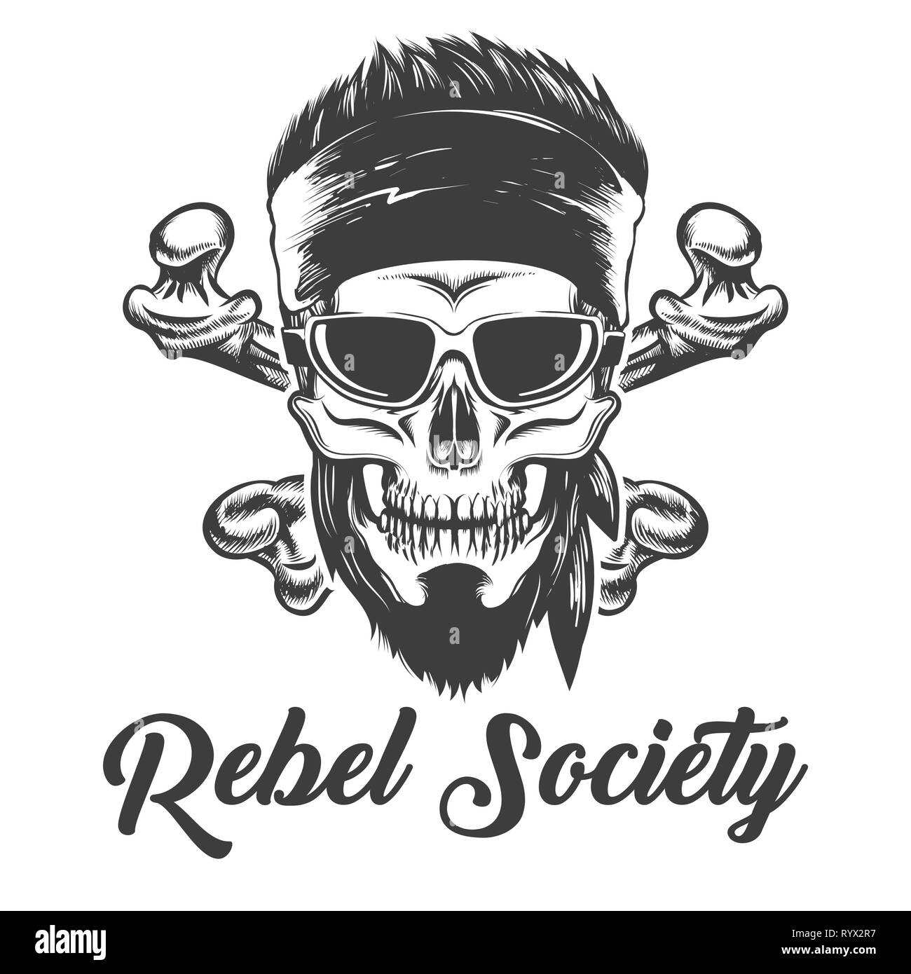 Bandana en crâne et os croisés contre verres avec le libellé de la société rebelle. Vector illustration Illustration de Vecteur
