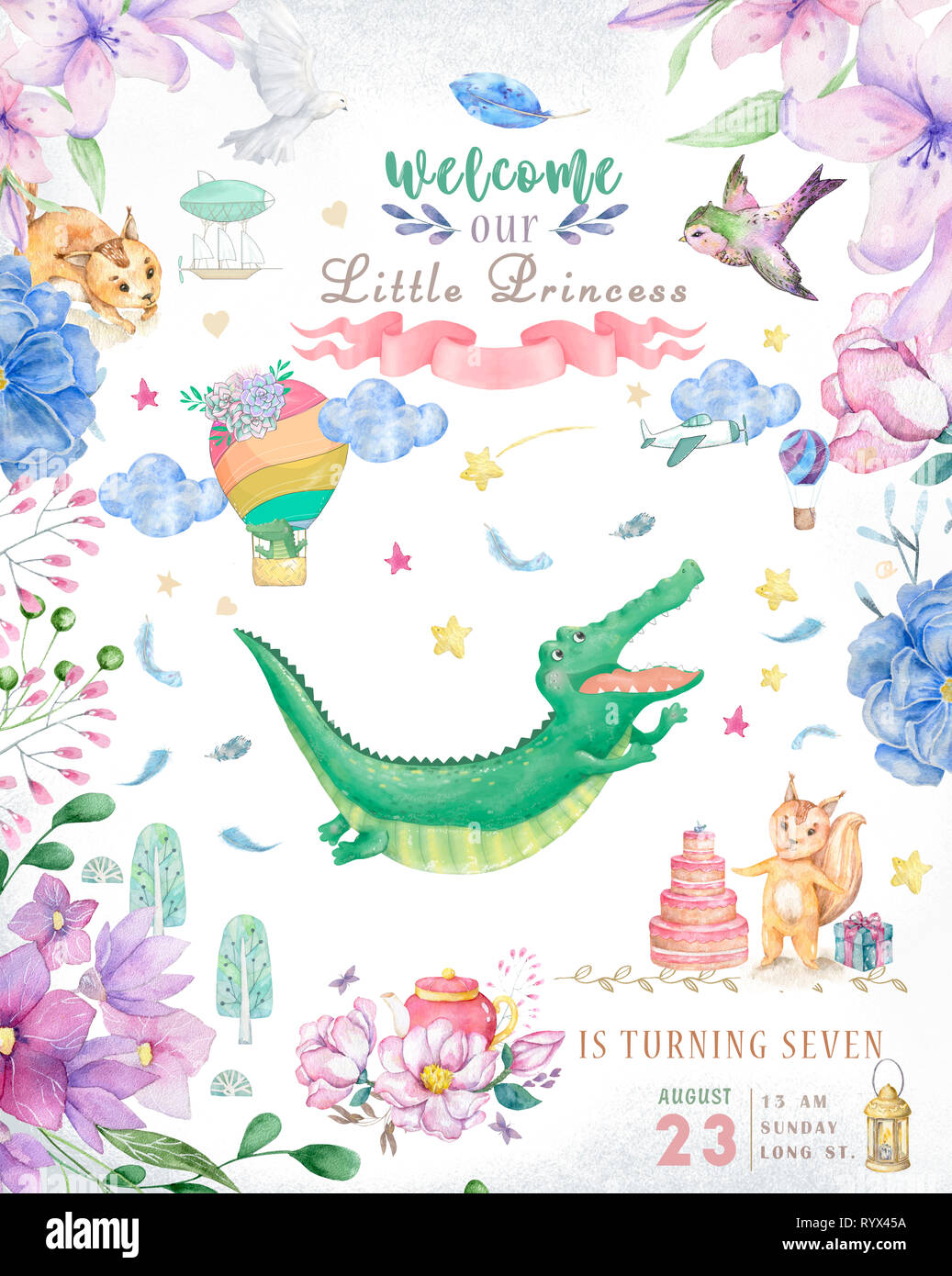 Joyeux Anniversaire Carte Avec Croc Mignon Dandy Aquarelle Animal Mignon Bebe Carte De Vœux Boho Fleurs Et Bouquets Joyeux Anniversaire Ensemble Aquarelle G Photo Stock Alamy