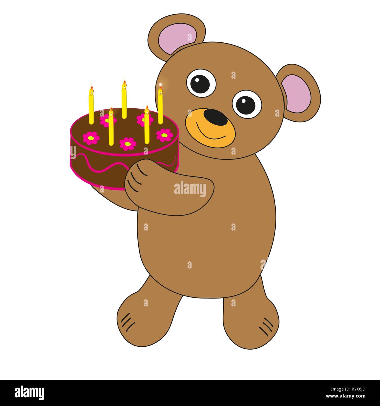 Cute cartoon ours avec gâteau d'anniversaire fond blanc isolé. Illustration de Vecteur