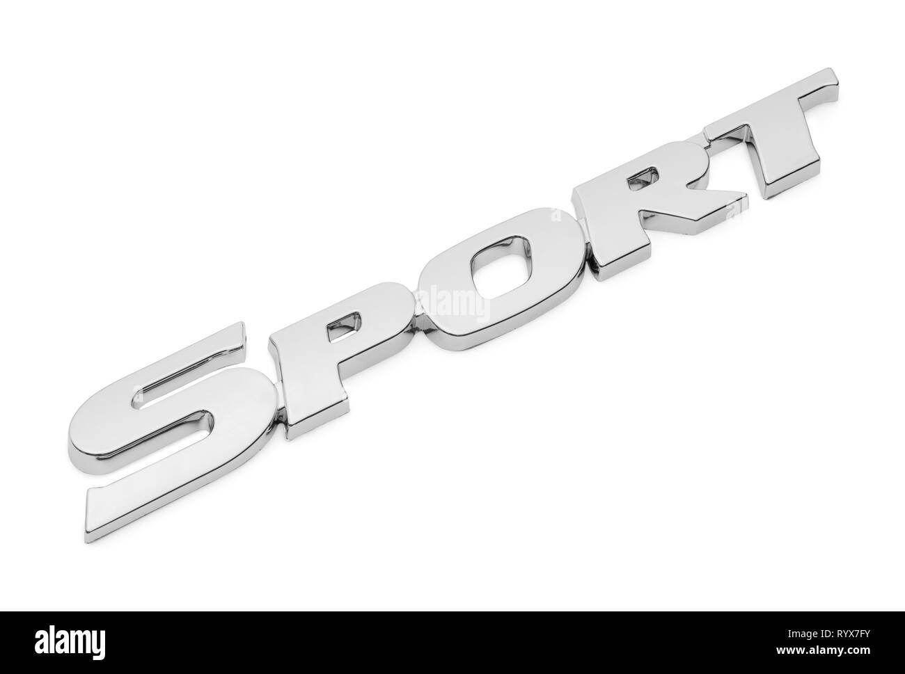 Chrome Sport Badge Voiture isolé sur un fond blanc. Banque D'Images