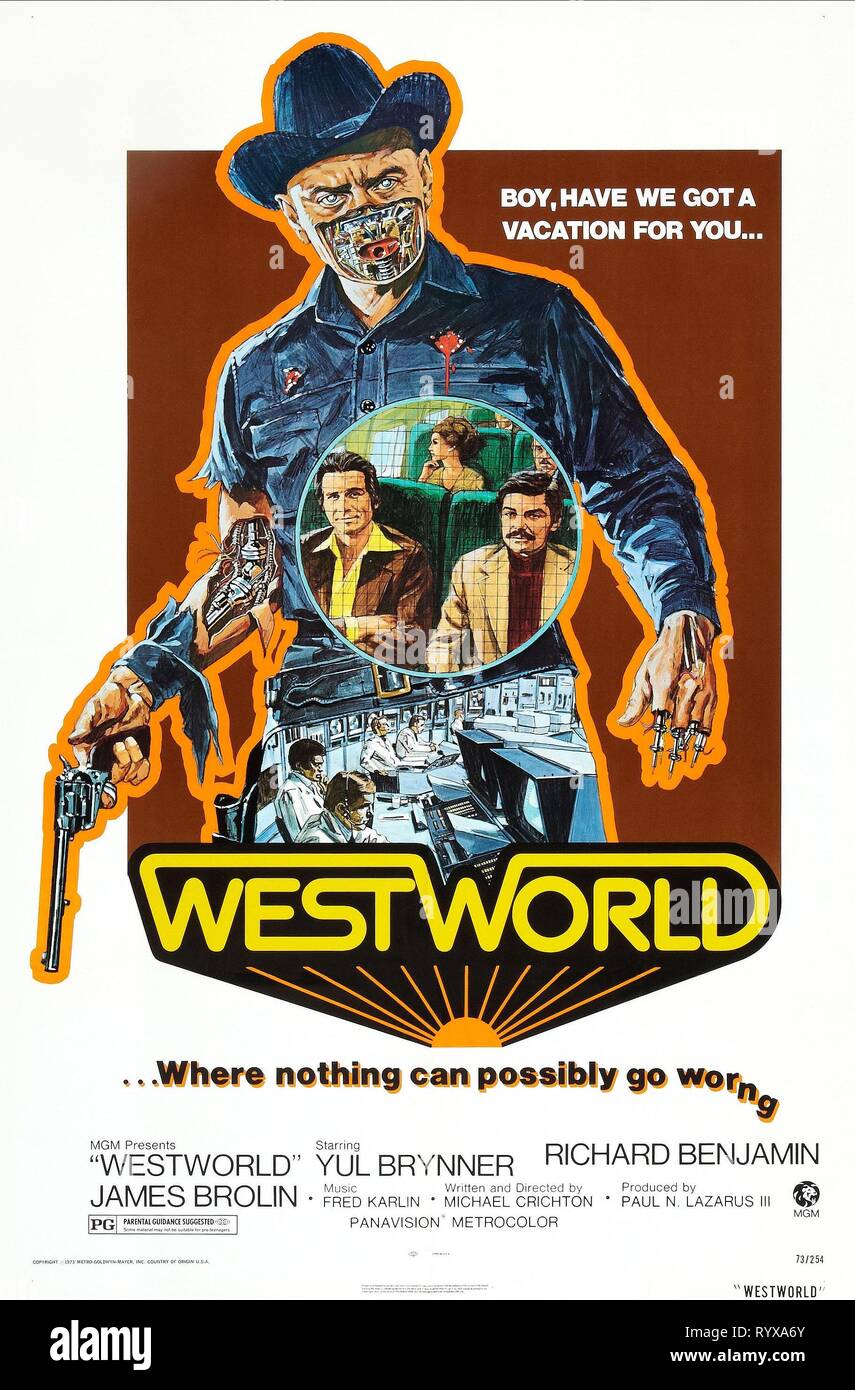 YUL BRYNNER, James Brolin, Richard Benjamin, 1973, l'AFFICHE DE WESTWORLD Banque D'Images