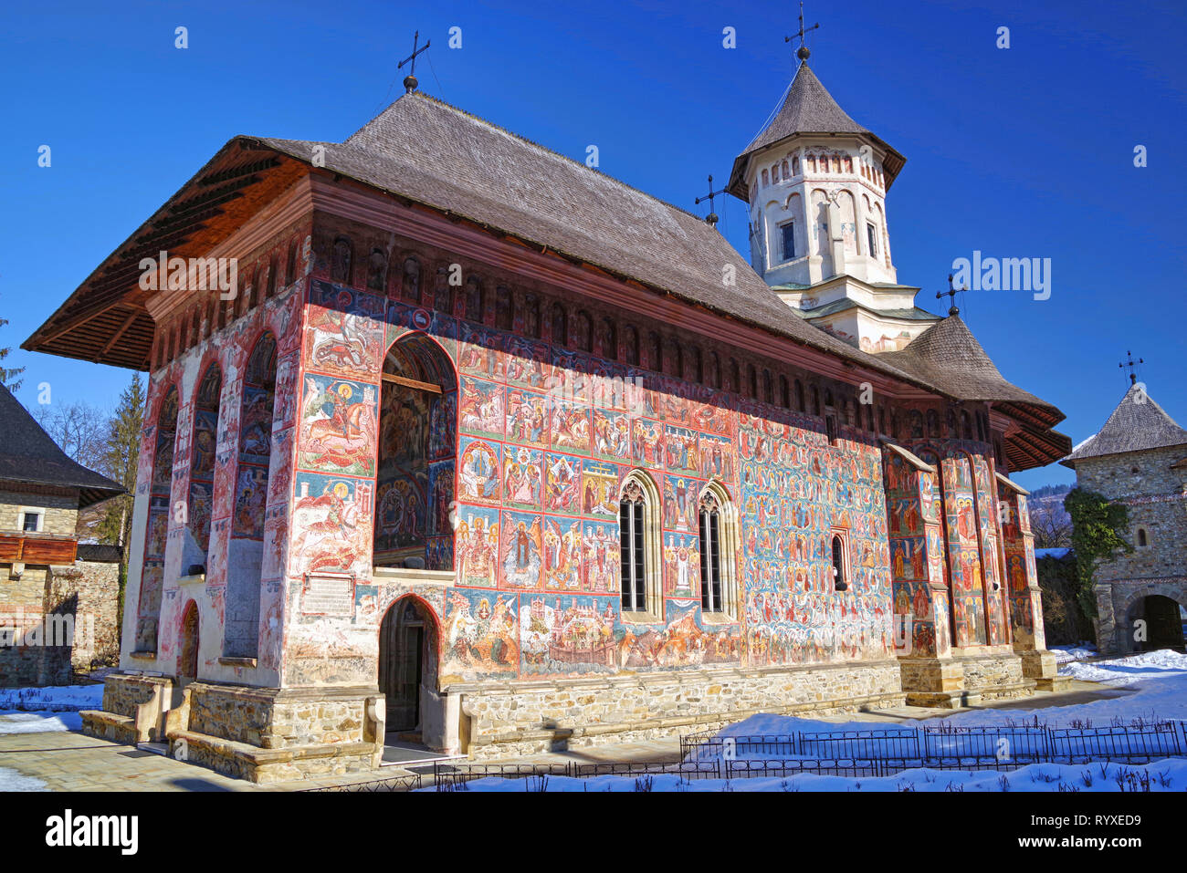 Peintures murales à l'église du monastère de Moldovita. L'église a été construite en 1532 par le roi moldave Petru Rares. Fresques extérieures contiennent portrait de saint Banque D'Images