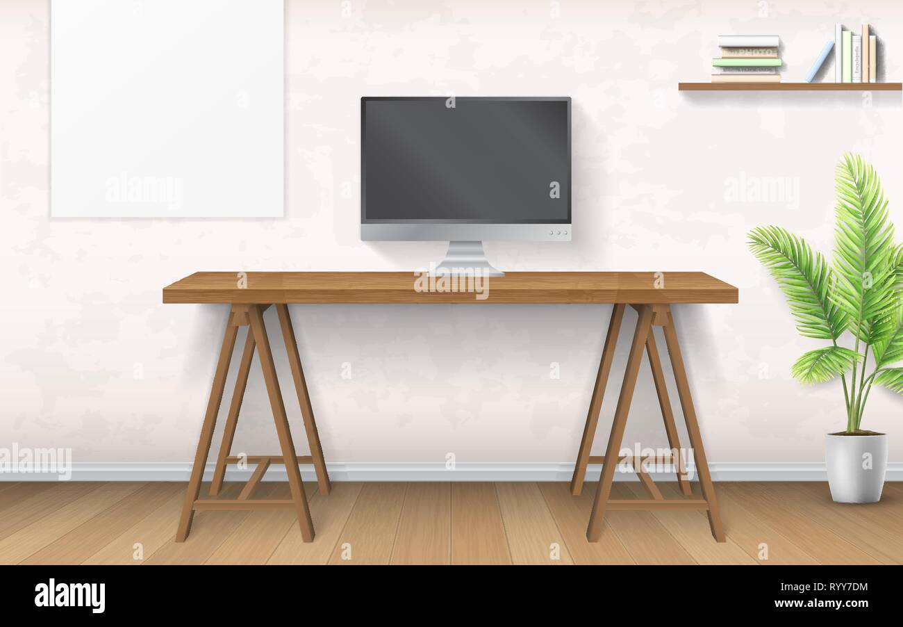 Bureau en bois et d'un ordinateur. Illustration de Vecteur