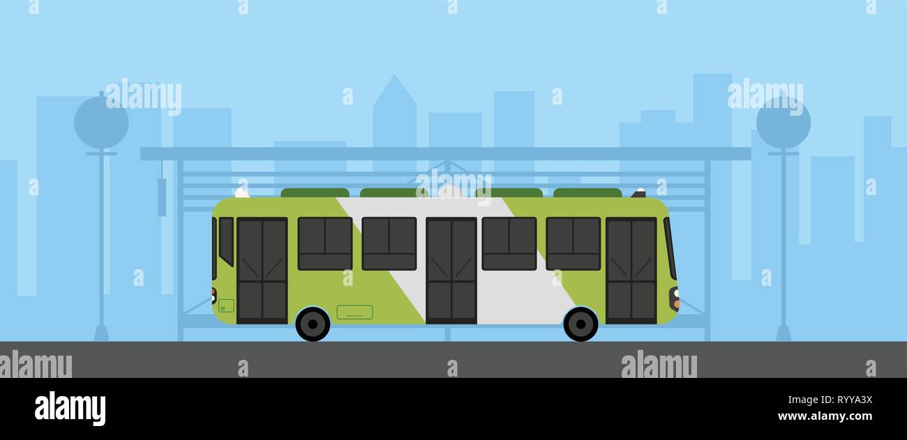 Télévision green bus avec arrêt de bus en milieu urbain vector illustration.Bus sur la rue principale avec cityscape.ville avec arrêt de bus Illustration de Vecteur