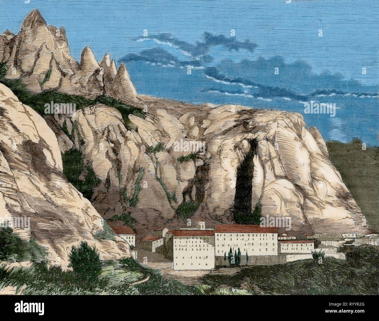 Abbaye de Montserrat. Vue panoramique. Province de Barcelone, Catalogne, Espagne. La gravure. Plus tard la couleur. Cronica General de España-a, Historia Ilustrada Descriptiva y de sus Provincias. La Catalogne. 1866. Banque D'Images