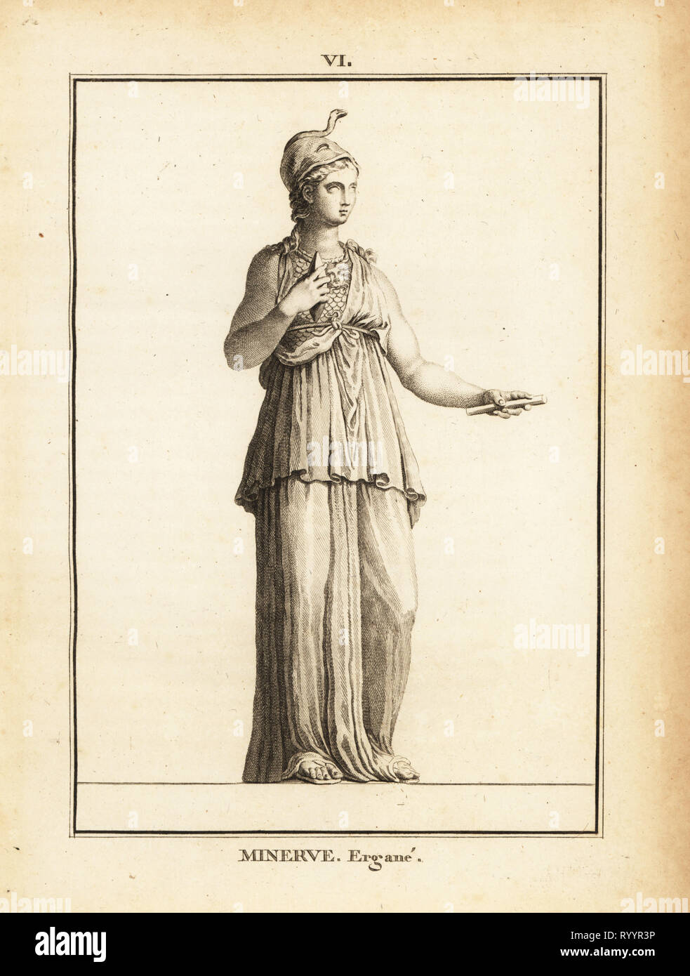 Statue de la déesse romaine de la sagesse, Minerve Ergane (Minerva) travailleur, avec casque et serpent. La gravure sur cuivre par David Francois-Anne de musée de Florence, ou Collection des pierres Gravees, statues, médailles, Chez F.A. David, Paris, 1787. David (1741-1824) a appelé et gravé les illustrations sur la base de statues romaines, médailles et pierres gravées dans la collection du musée de Florence et le cabinet de curiosités du Grand-duc de Toscane. Banque D'Images