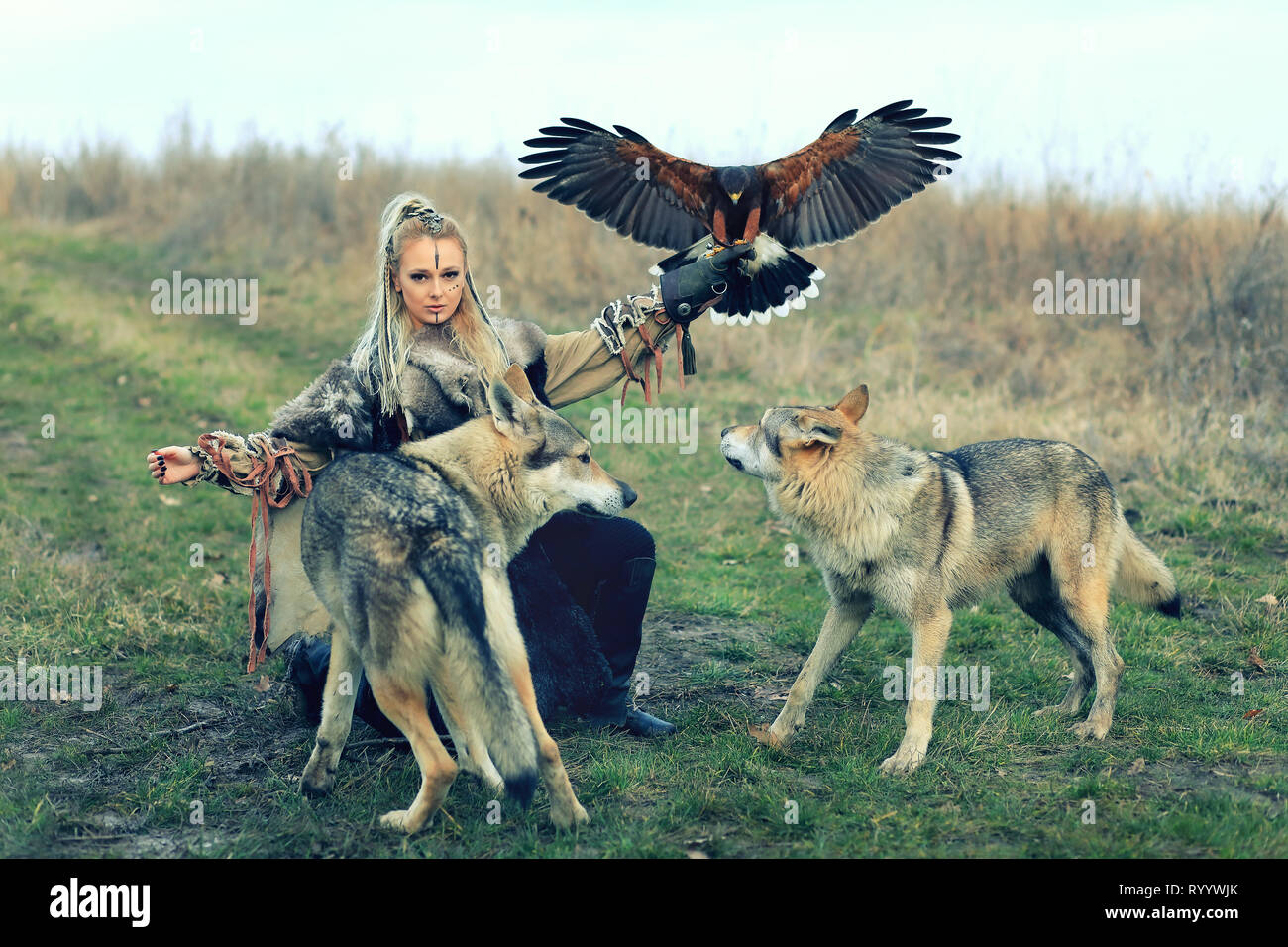 Guerrier Viking femme aux cheveux tressés et visage peint à la chasse avec les loups et Hawk Banque D'Images