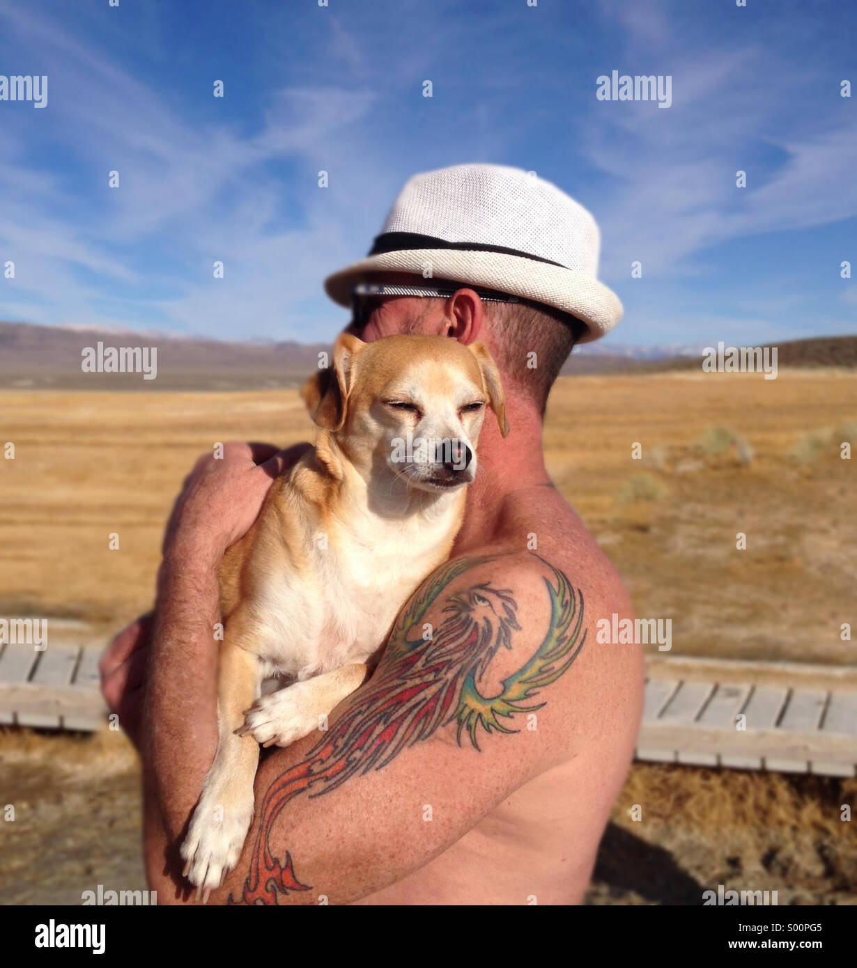 Homme d'âge moyen Terrier-Chihuahua holding dog in Owens Valley de Mammoth Lakes, Californie Banque D'Images