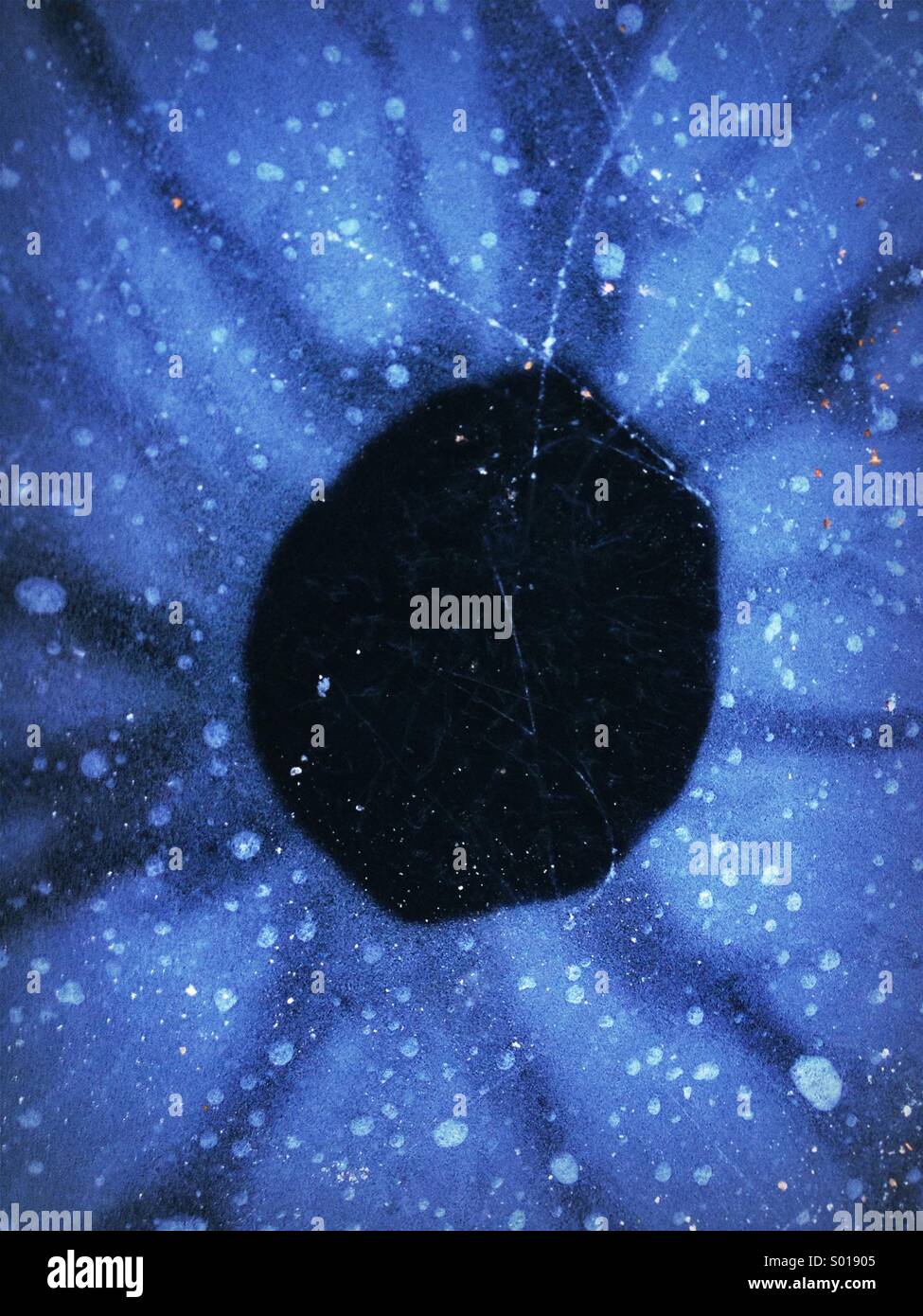 Trou de pêche dans la glace du lac congelé de nouveau. Banque D'Images