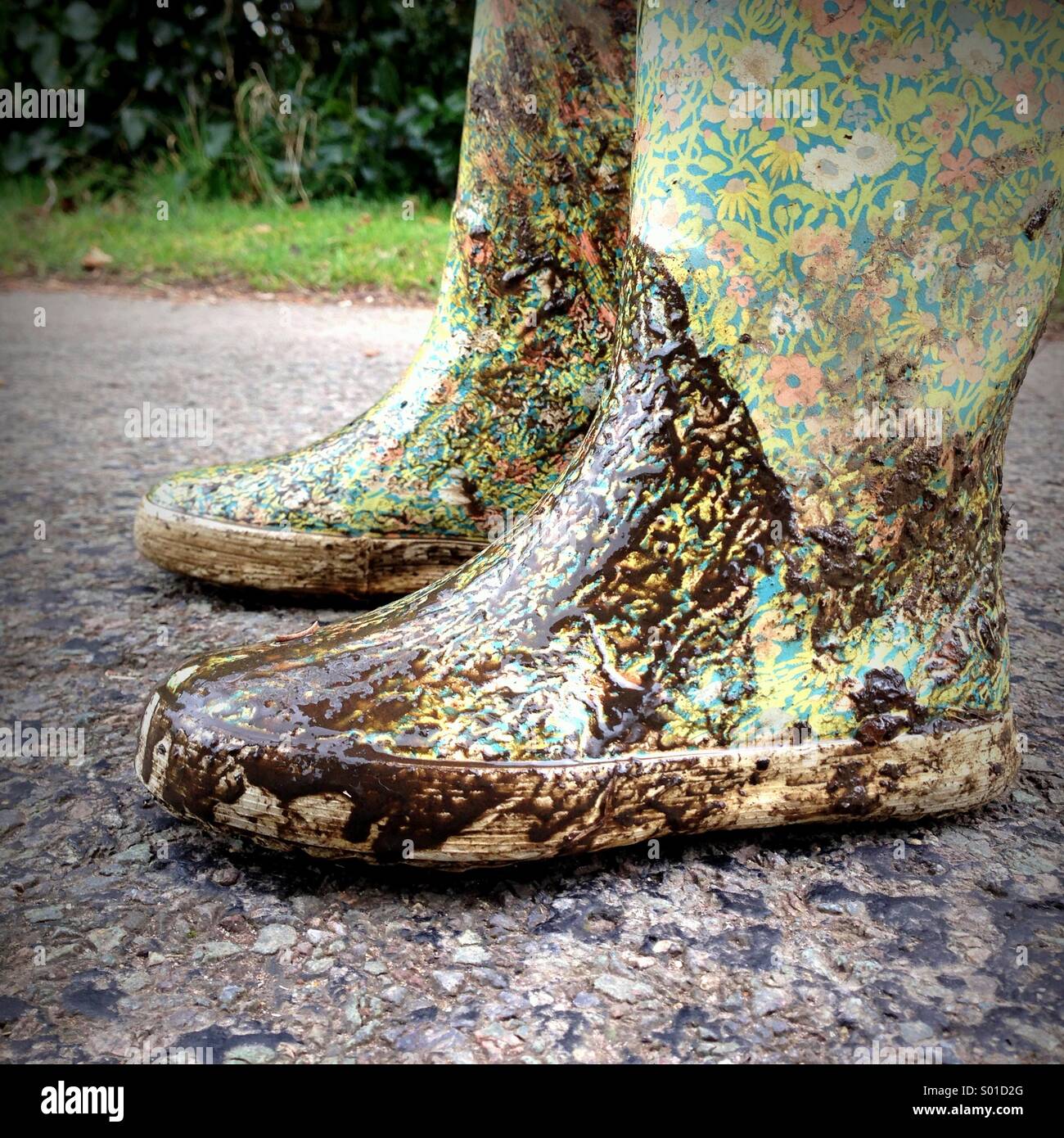 Bottes boueuses, floral design. Banque D'Images