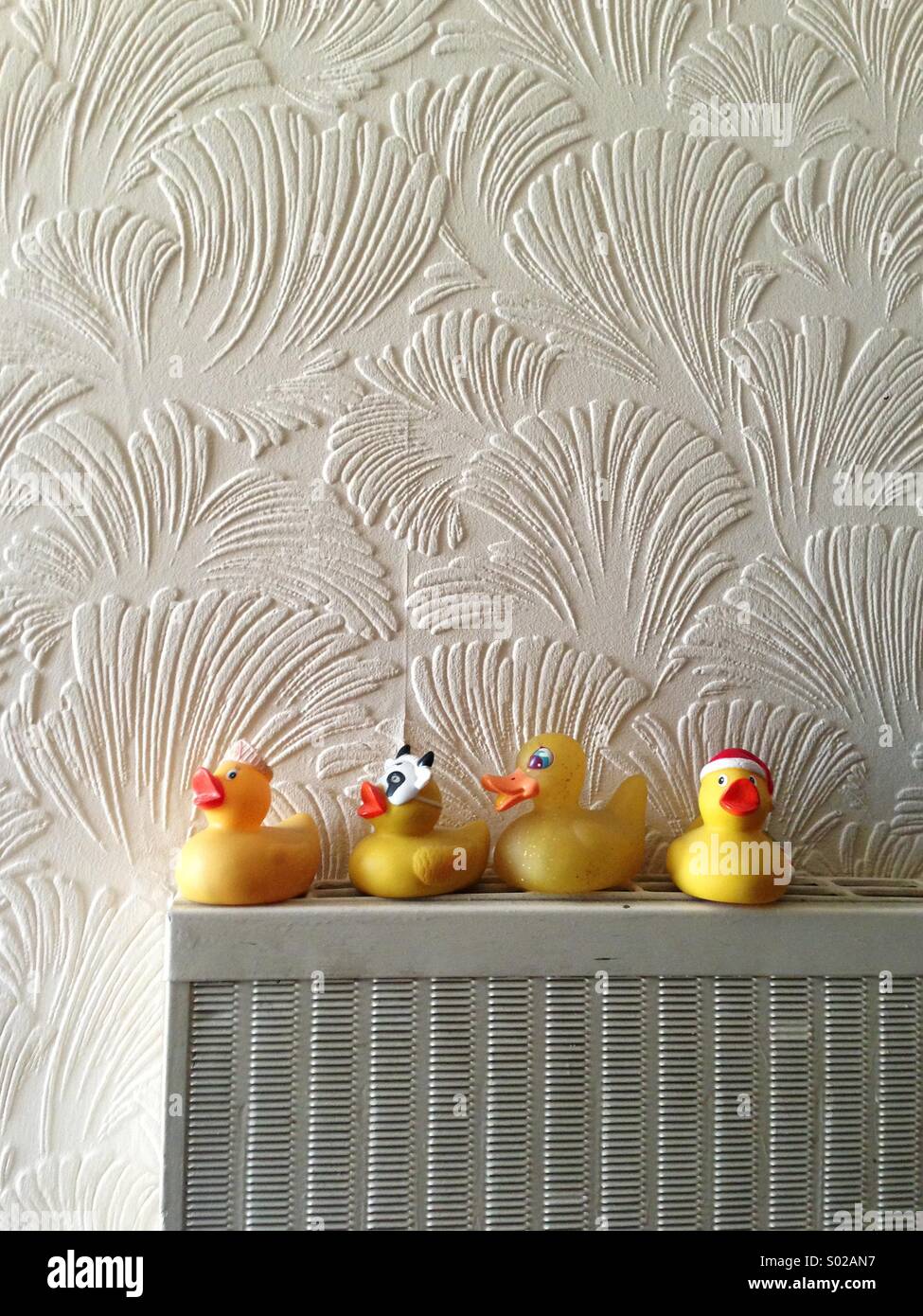 Quatre canards en plastique sur un radiateur Banque D'Images