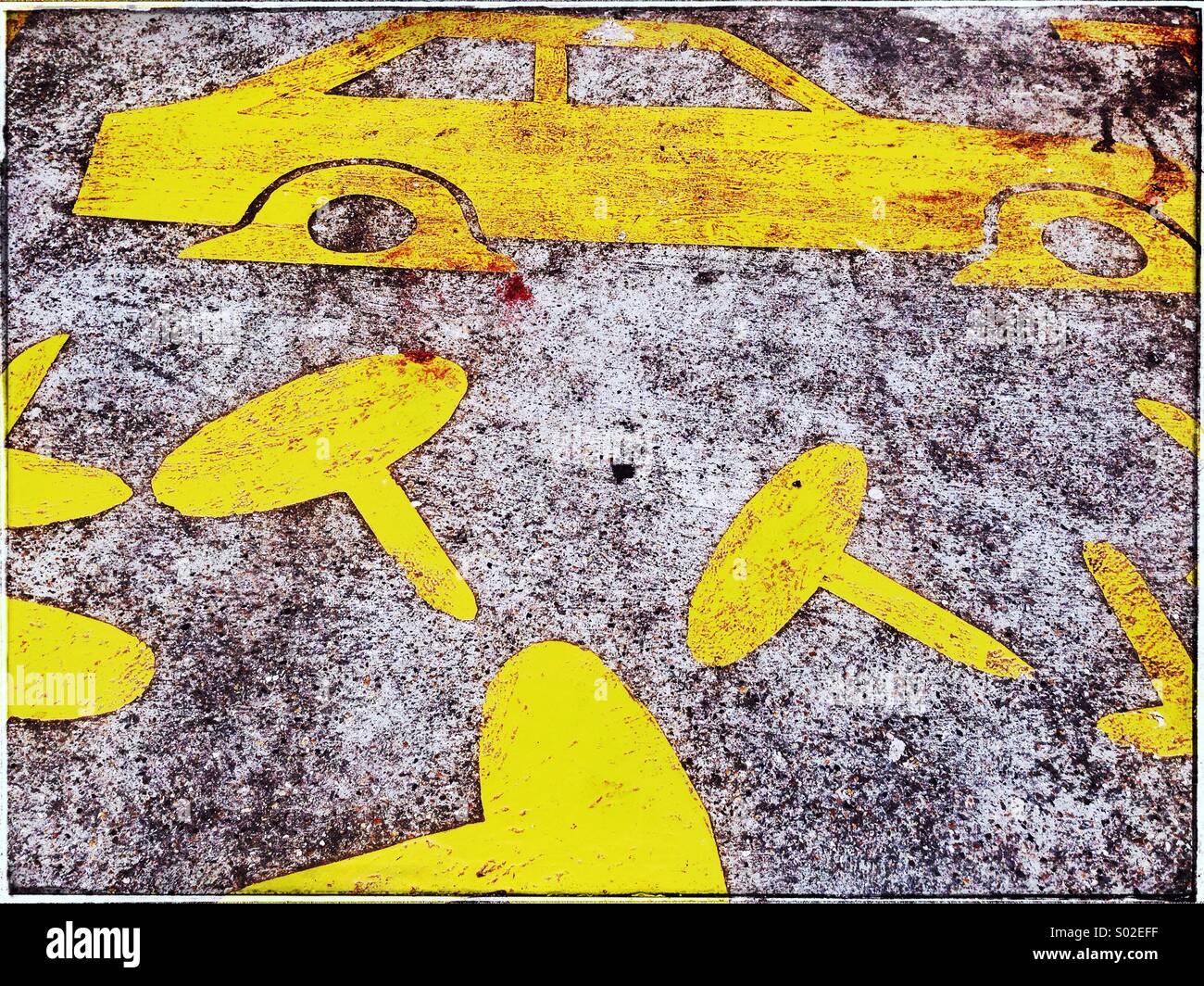 Dessin d'une voiture avec des pneus à plat ,Whitechapel,Londres - Image de stock capturée avec un smartphone