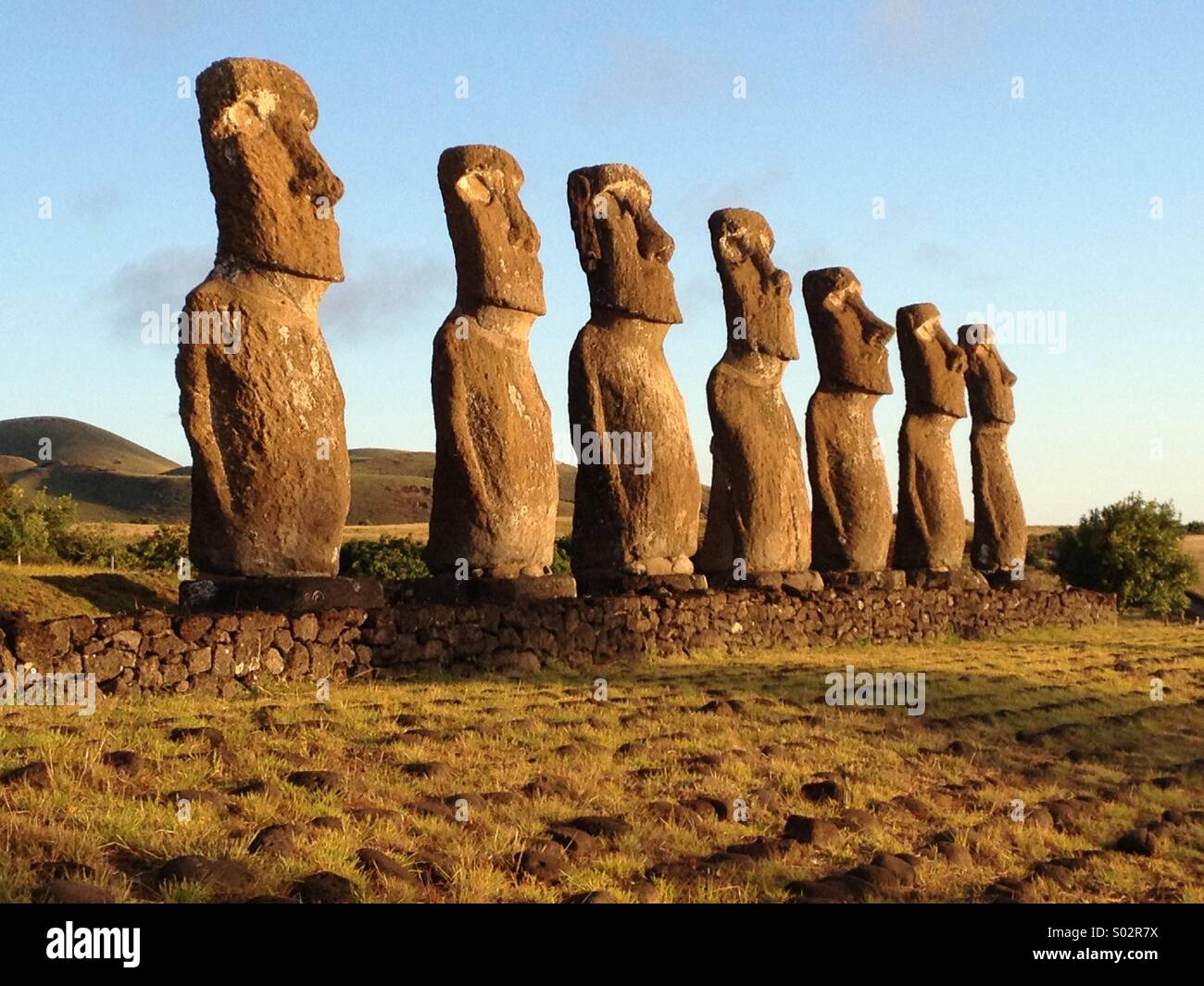 Ahu Akivi, un groupe de moai, ou statues en pierre, près de la ville de Hanga Roa sur l'île de Pâques, Chili. Banque D'Images