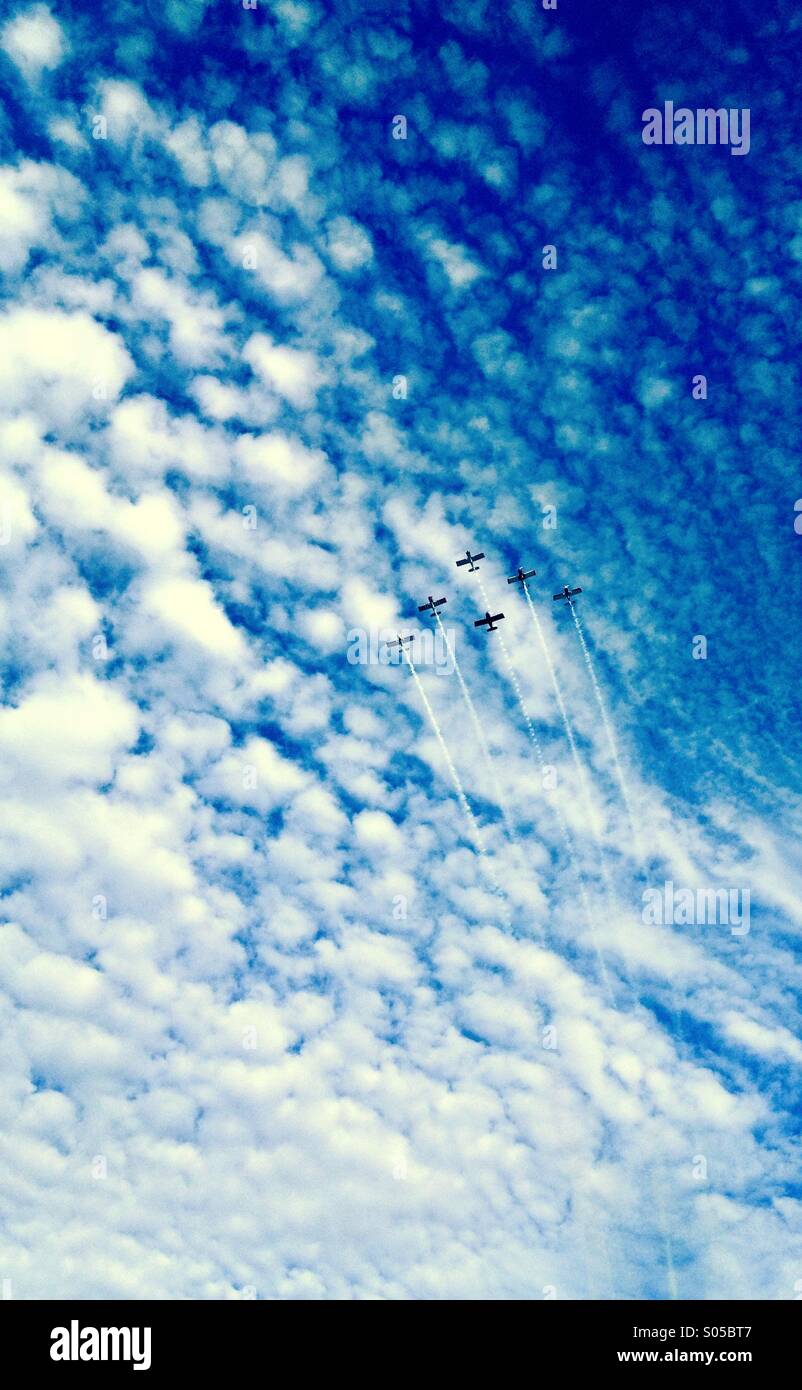 Un groupe d'avions vole en formation contre un ciel d'été. Banque D'Images