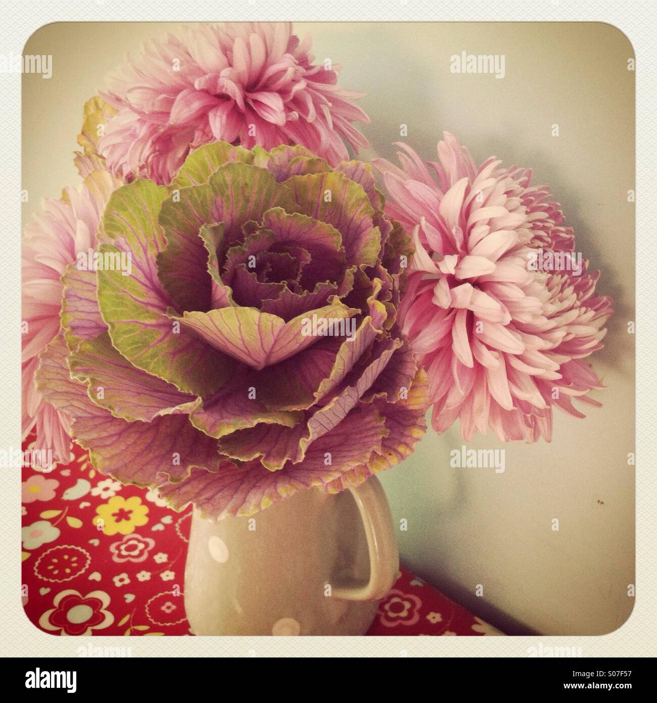 Choux fleurs et dahlias dans la verseuse sur le tableau Banque D'Images