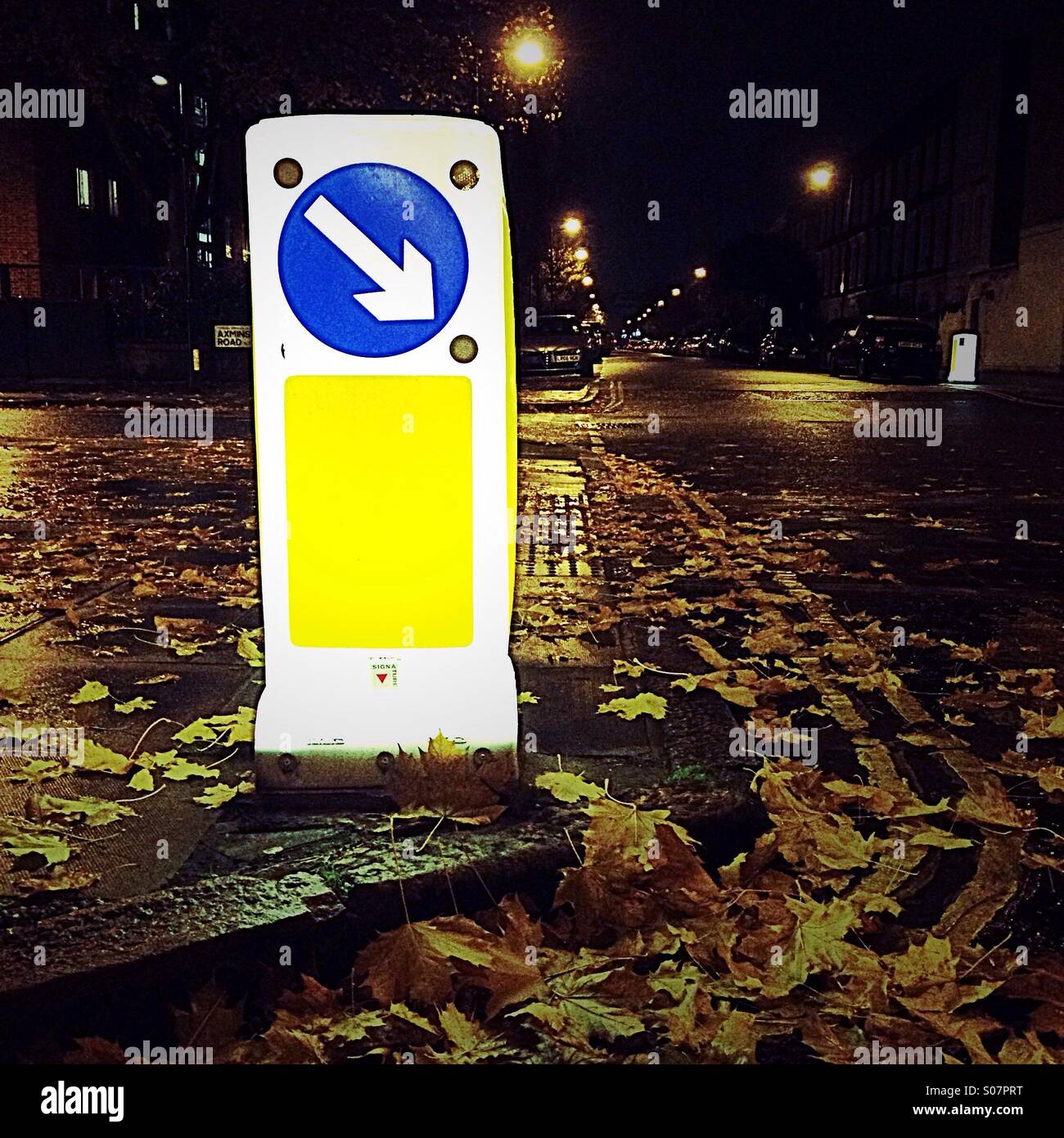 London street couverts de feuilles jaunes Banque D'Images