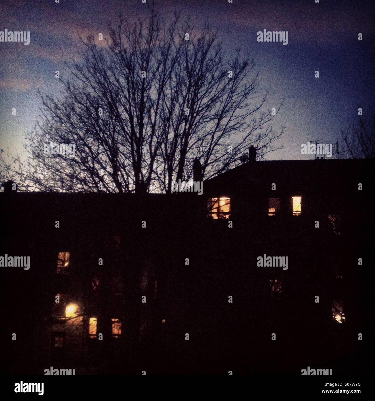 Maisons avec des lumières sur, au crépuscule. Banque D'Images