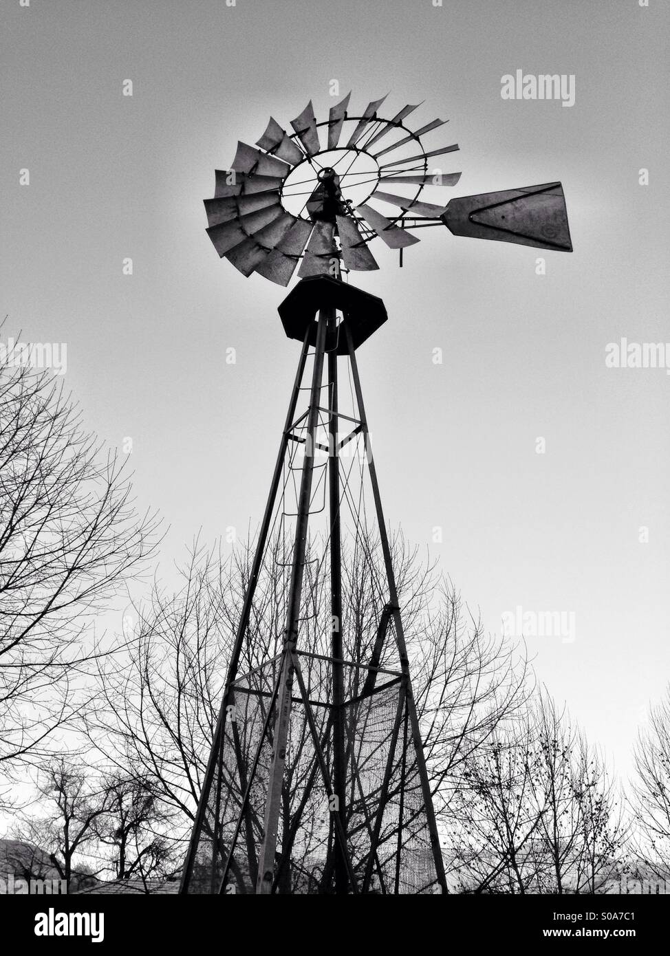 Vieille ferme éolienne en noir et blanc Banque D'Images