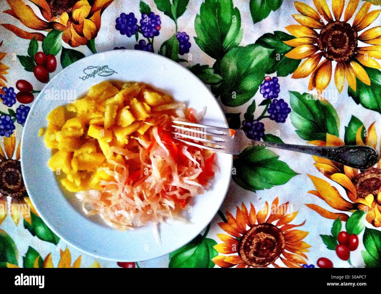 Choucroute et pommes de terre sur la plaque de l'ère soviétique avec fourche argent vinyle sur nappe fleurie - Image de stock capturée avec un smartphone