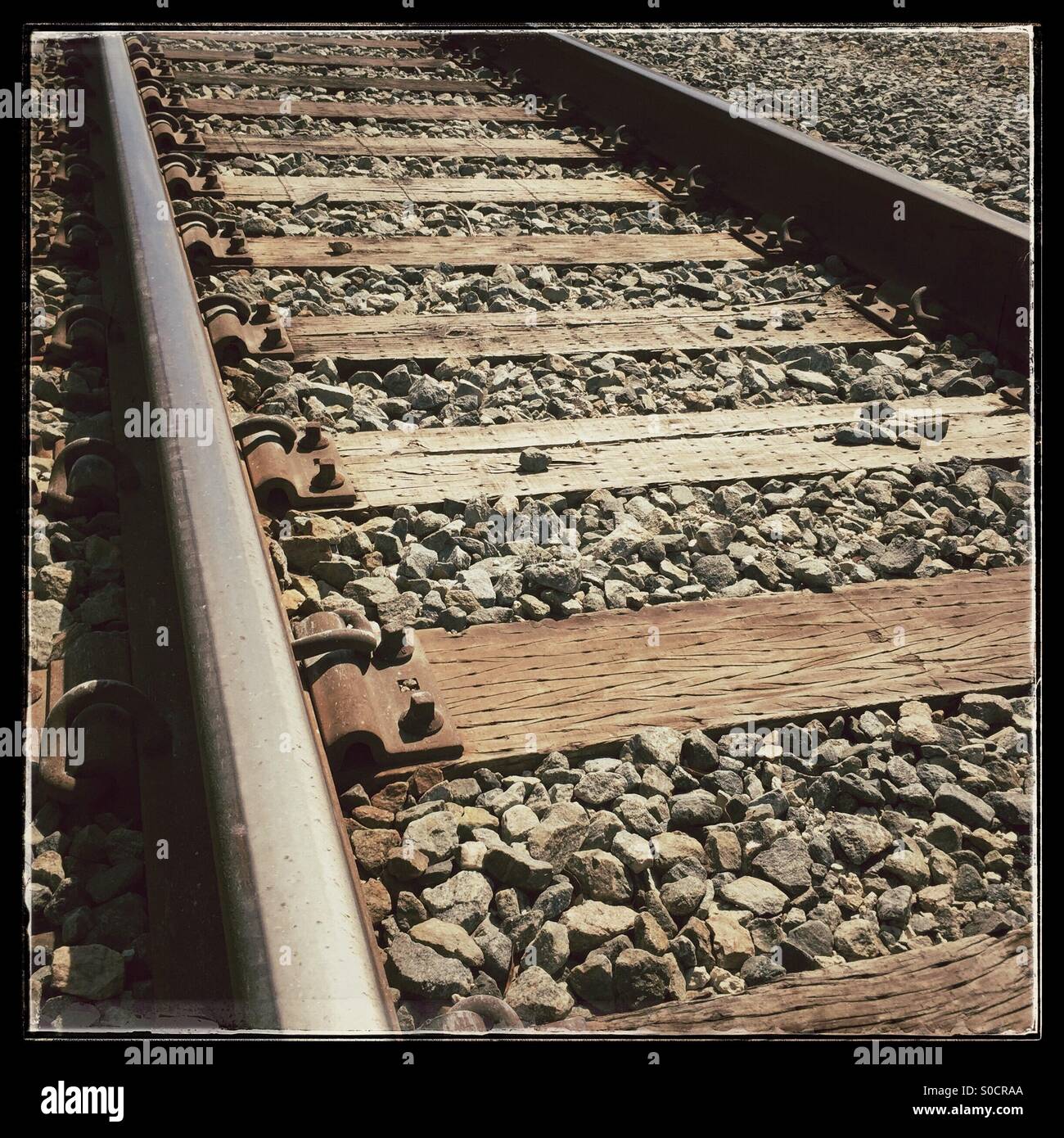 Close up of train track, USA, le 9 mars 2015, © Katharine Andriotis Banque D'Images