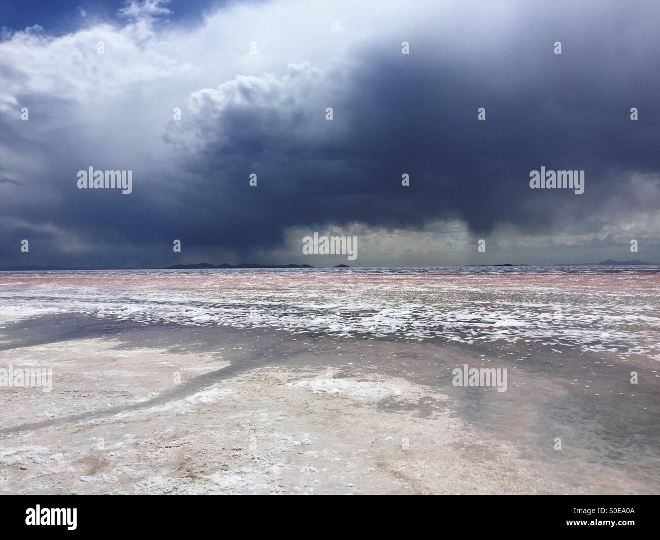 Un orage passe sur l'eau de rose à l'extrémité nord du grand lac salé en Utah. Banque D'Images