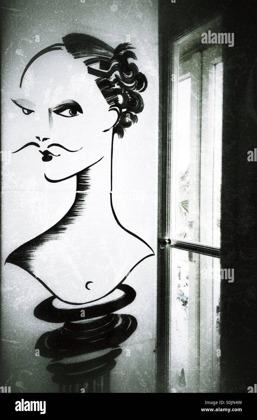Femme moustac, Dali moustache - gai dessin sur le carreau. Banque D'Images