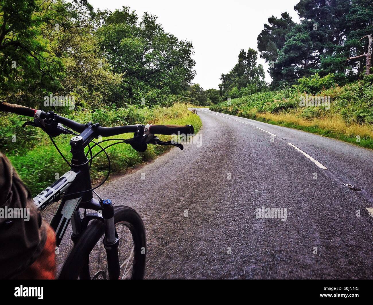 Faire du vélo le long d'une route de campagne Banque D'Images