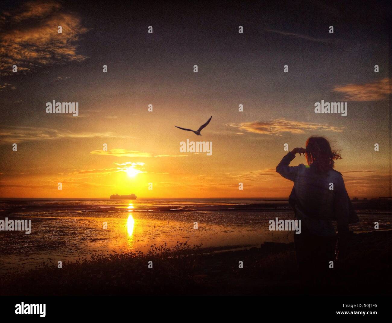 Jeune fille donnant sur la baie de Morecambe au coucher du soleil en regardant arriver ferry Heysham Banque D'Images
