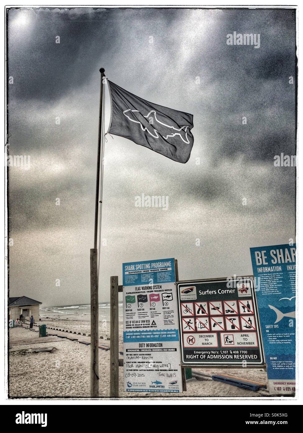 Indicateur d'avertissement de requins à Surfers Corner, Muizenberg beach, Afrique du Sud. Banque D'Images