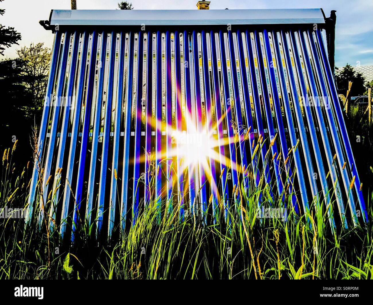 Petit système solaire de chauffage de l'eau, Nouvelle-Écosse, Canada. Appareil à énergie solaire propre, durable. Solution pieds nus. - Image de stock capturée avec un smartphone