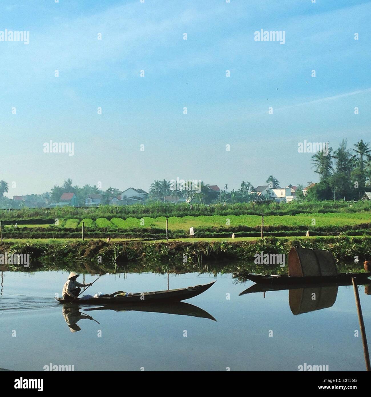 Dans un bateau vietnamien et les rizières sur les bords de la rivière de Hoian Hoian, Vietnam, Banque D'Images