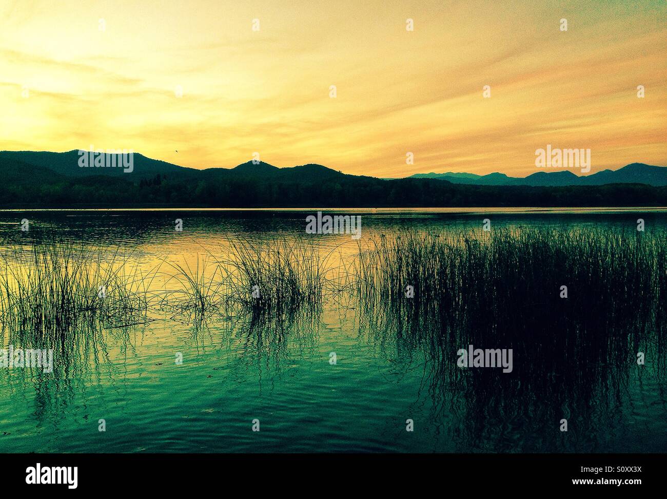 Coucher du soleil au lac de Banyoles à Gérone, Espagne Banque D'Images