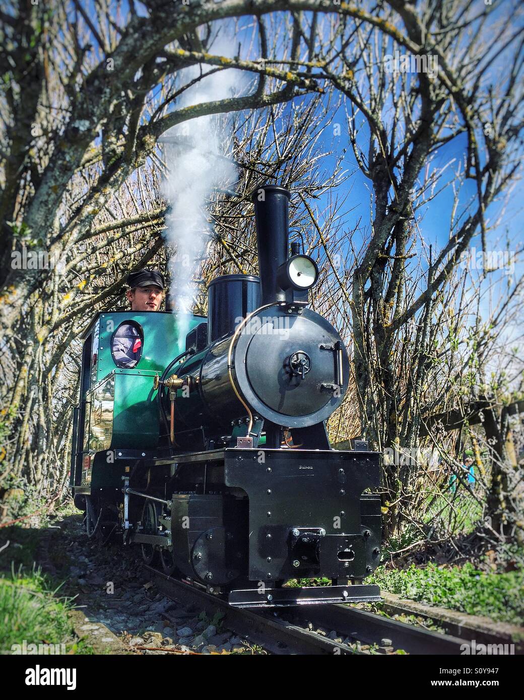 Train à vapeur miniature souffler à travers les bois - Image de stock capturée avec un smartphone
