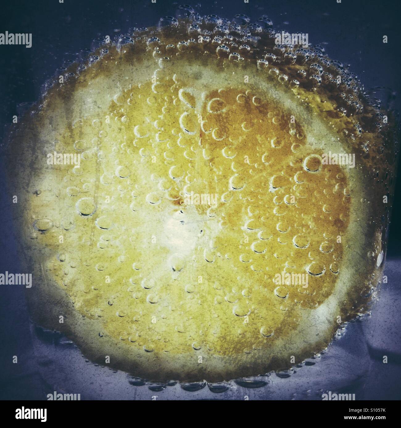 Gros plan d'une tranche de citron dans un verre d'eau gazeuse. Banque D'Images