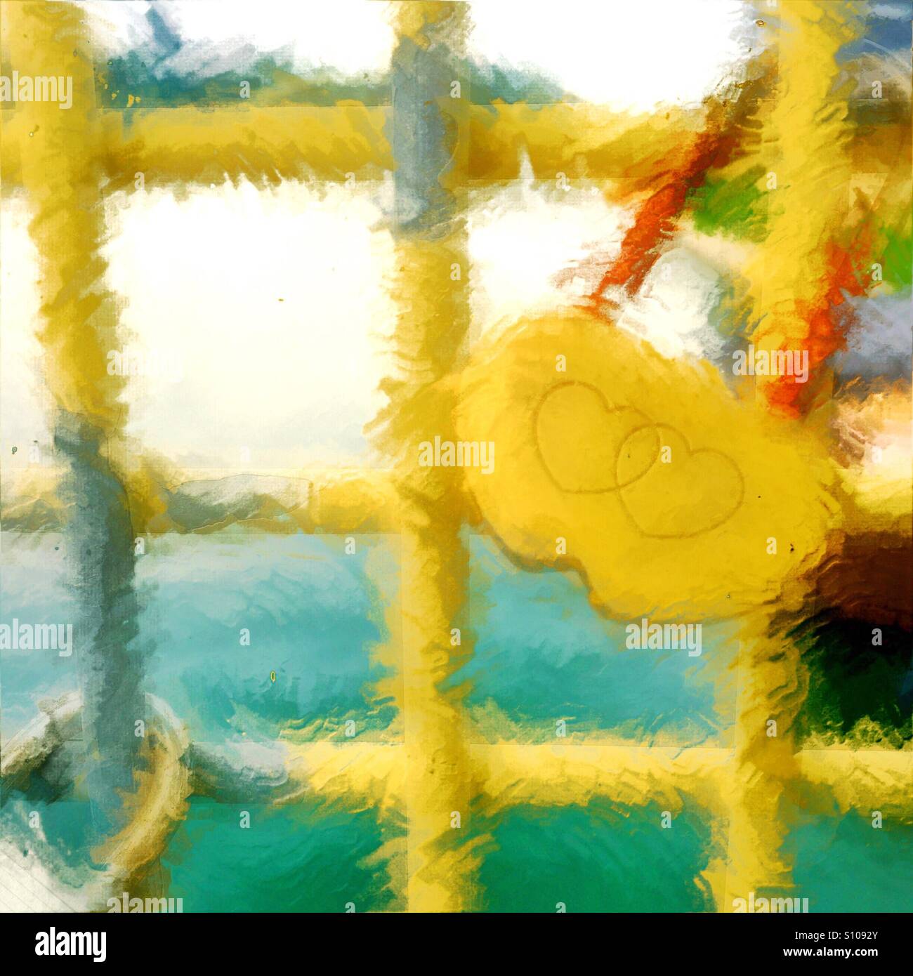Une peinture numérique artistique d'une serrure avec deux cœurs entrelacés sur un pont suspendu. Banque D'Images