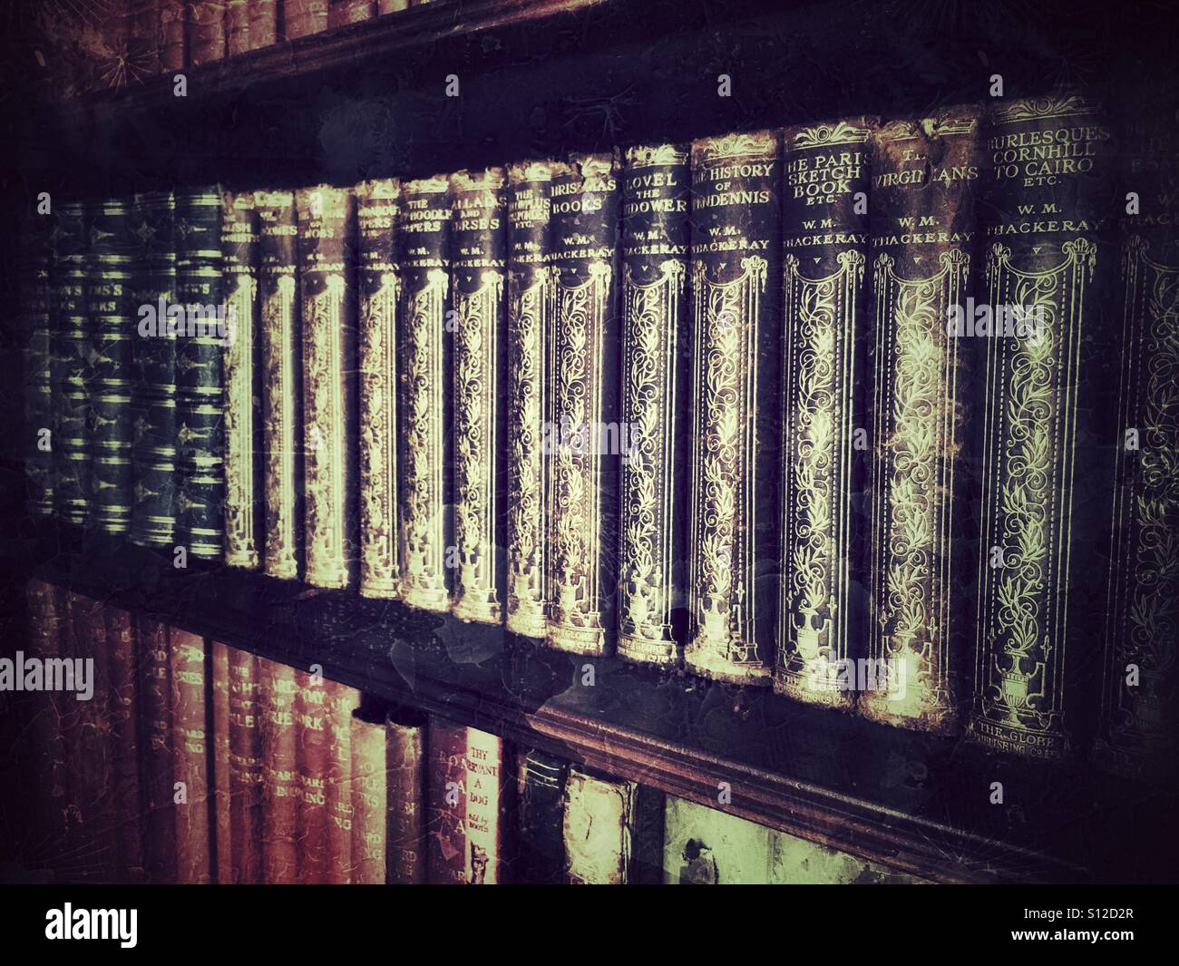 Livres anciens sur des étagères dans une bibliothèque - Image de stock capturée avec un smartphone