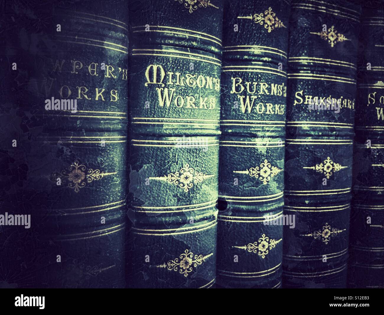 Livres anciens sur une étagère dans une bibliothèque - Image de stock capturée avec un smartphone