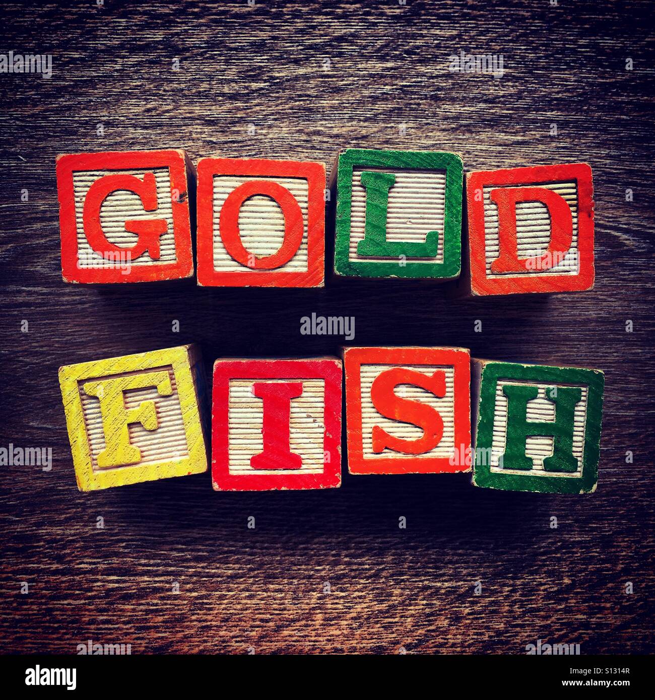Poisson d'or mot écrit avec une cale en bois lettre toys - Image de stock capturée avec un smartphone