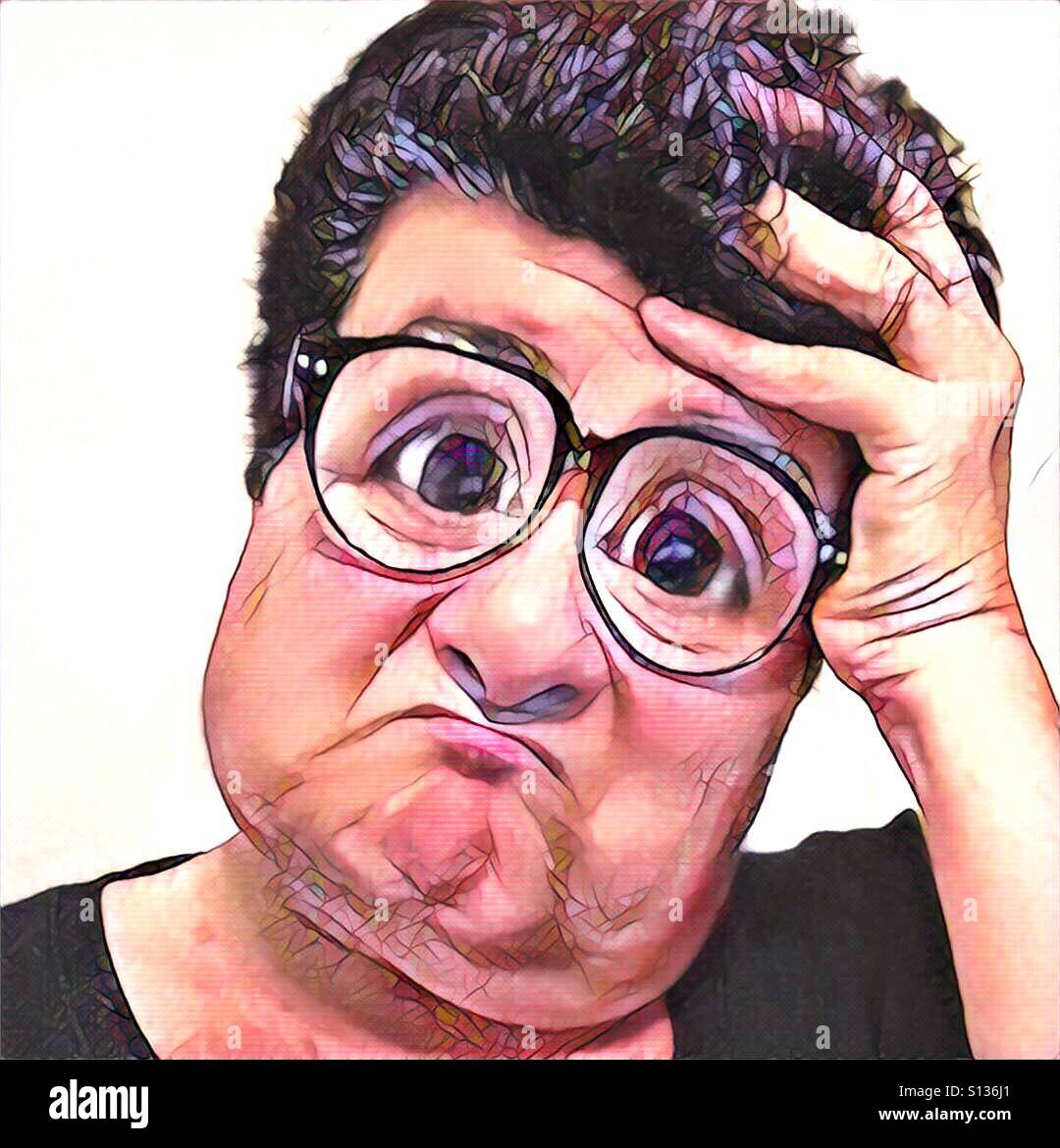 Une œuvre d'art numérique portrait of Caucasian woman avec de grands verres faisant un visage triste. Banque D'Images