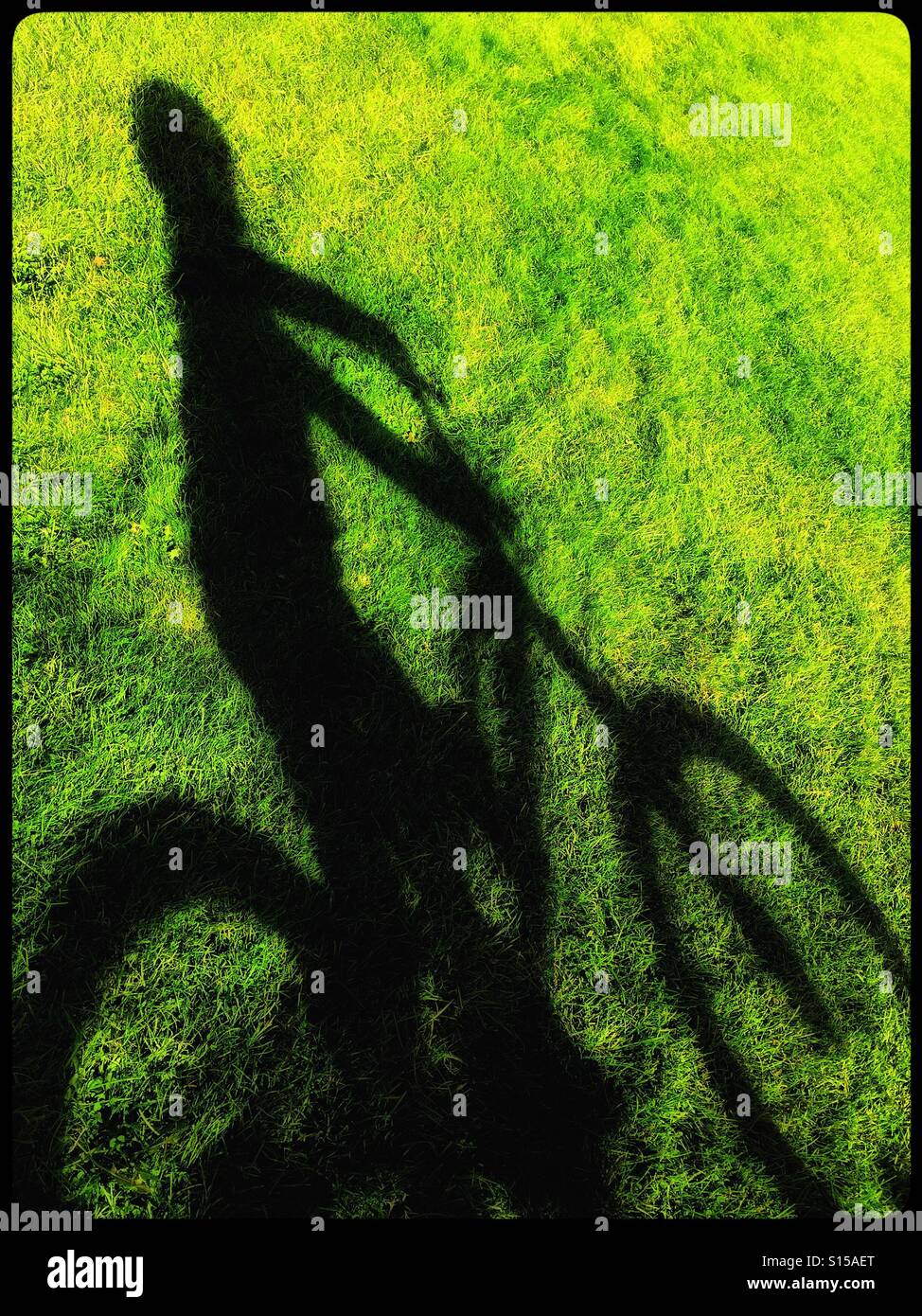 L'ombre d'un garçon de 7 ans qu'il monte son vélo sur l'herbe verte. Crédits photos - © COLIN HOSKINS. Banque D'Images