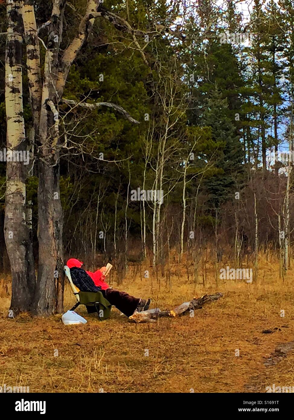 Homme lisant un livre à l'extérieur sur un jour froid dans un endroit boisé - Image de stock capturée avec un smartphone