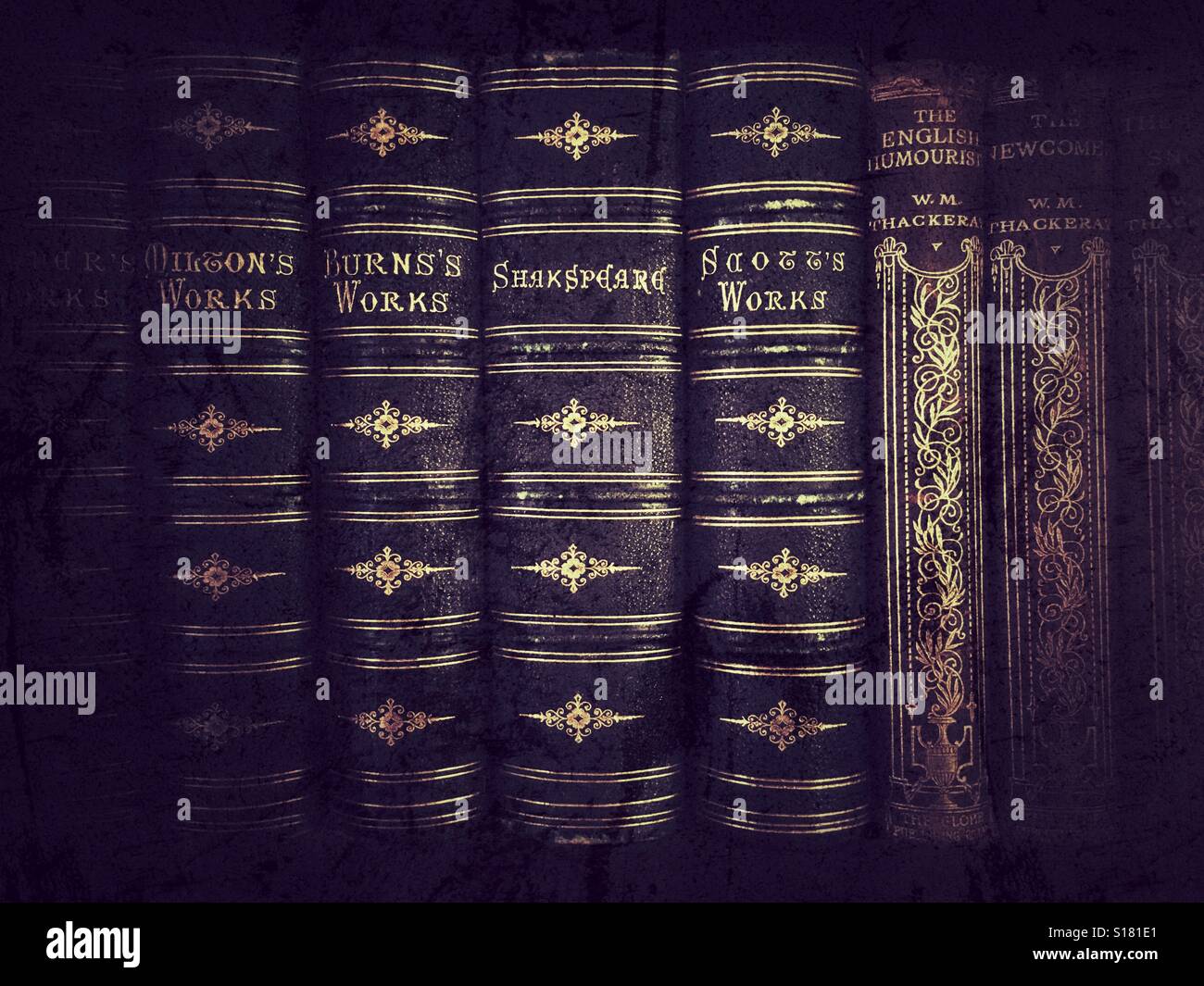 Les vieux livres sur une étagère de bibliothèque, y compris Shakespeare et brûlures. - Image de stock capturée avec un smartphone