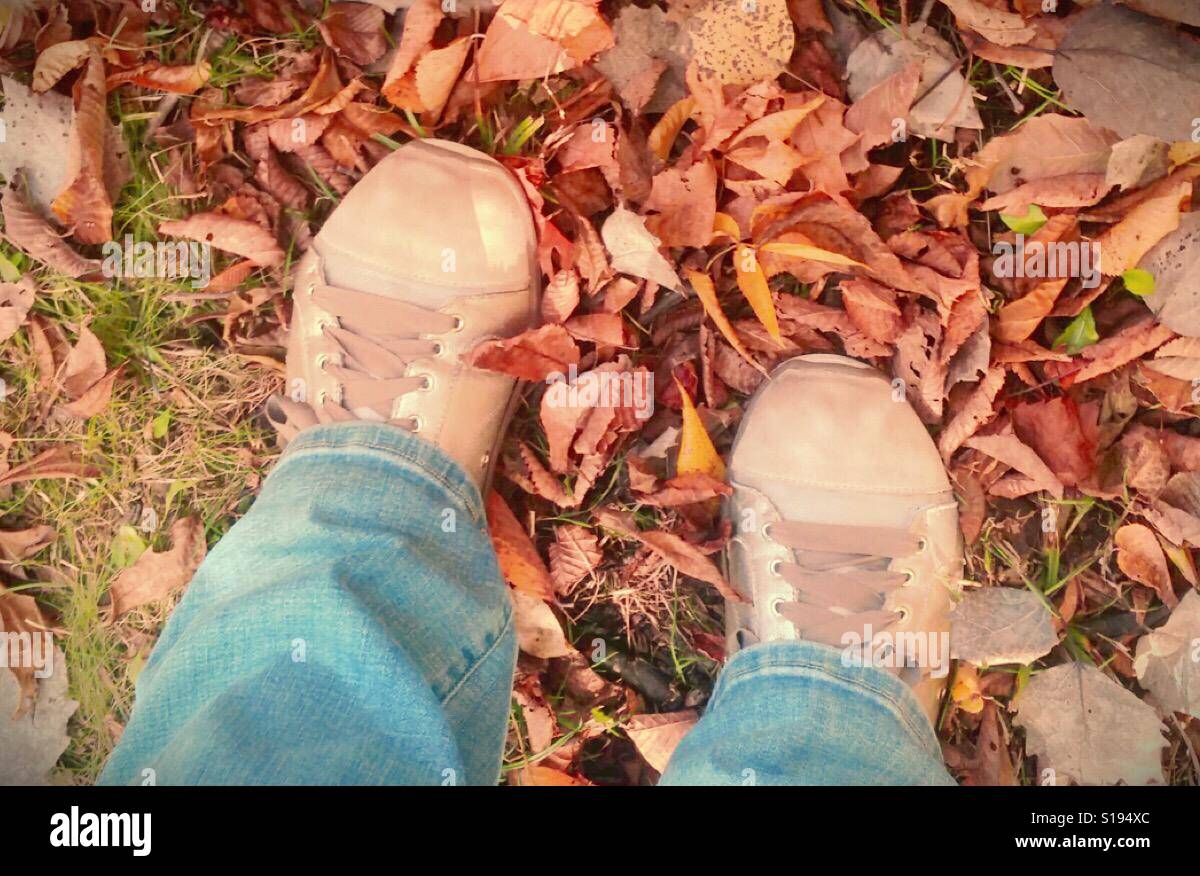Marcher sur les feuilles en automne Banque D'Images