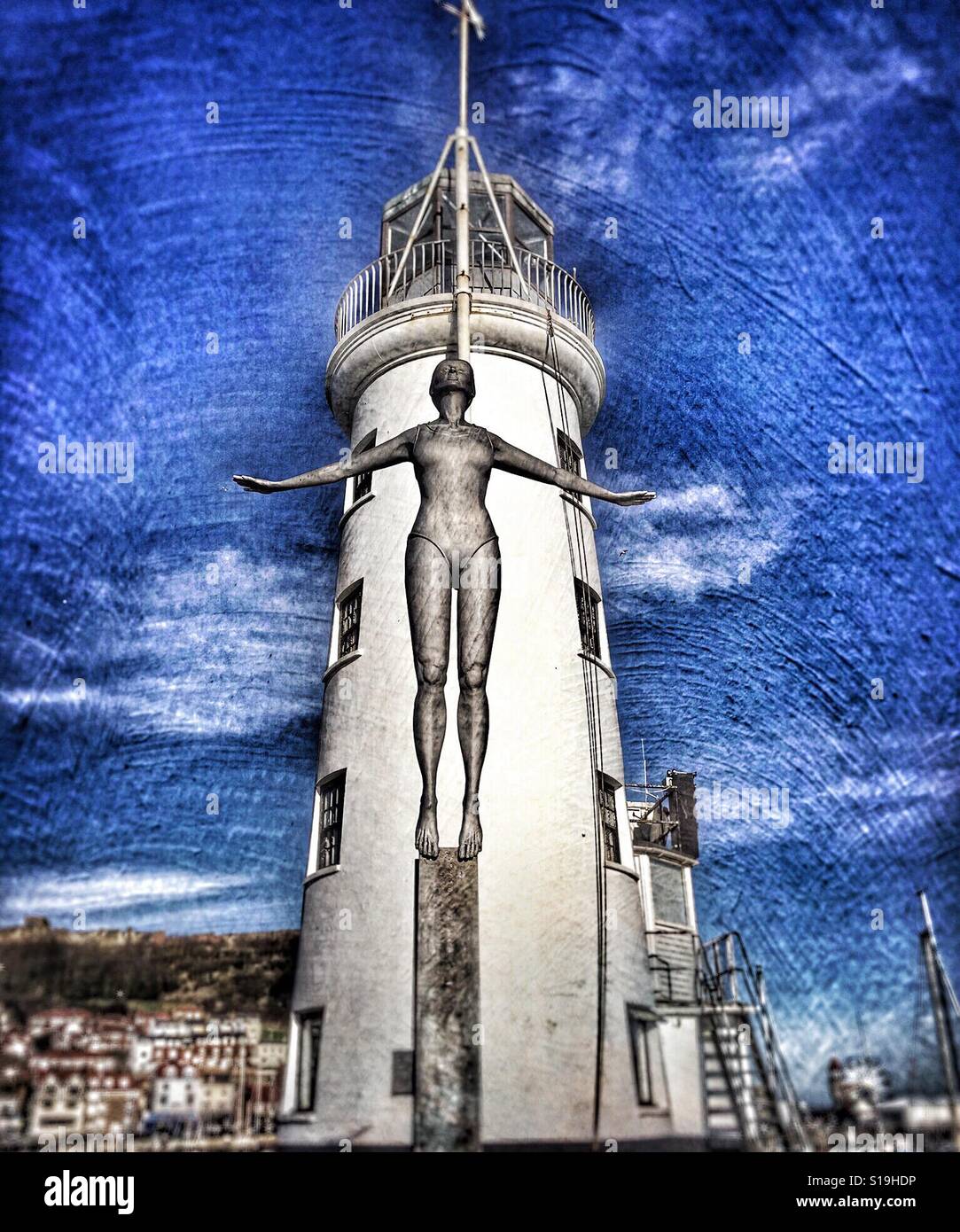 Sculpture de belle plongée dans le port de Scarborough et de phare, UK Banque D'Images